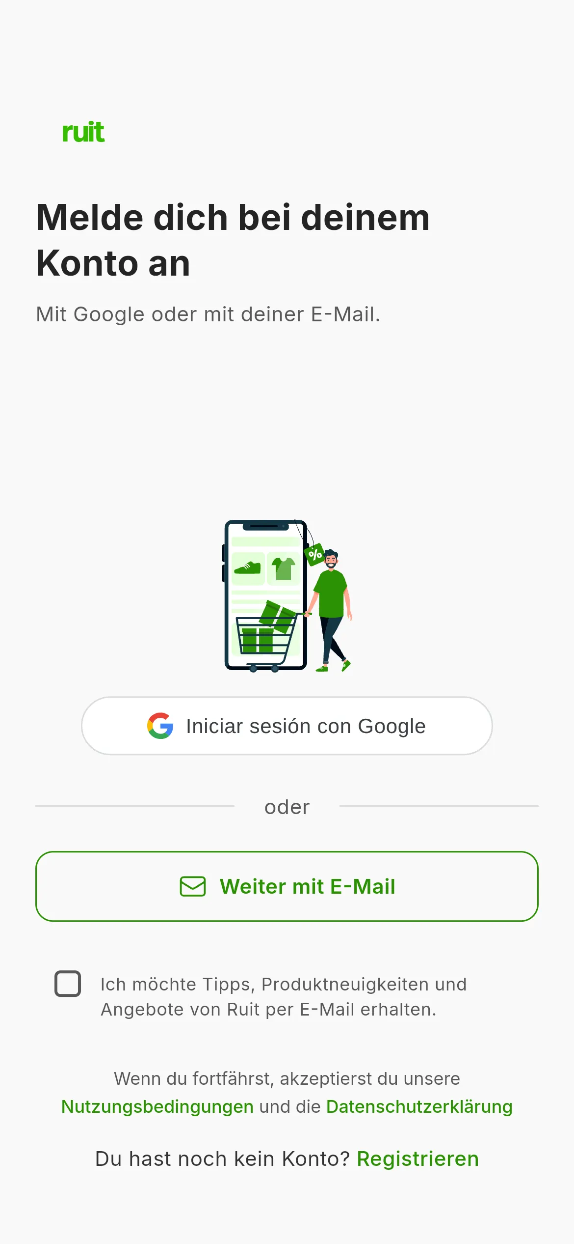 Der Anmeldebildschirm von RUIT: die Schaltfläche zum Anmelden mit Google und die zum Fortfahren mit einer E-Mail-Adresse, darunter der Hinweis auf die Bedingungen.