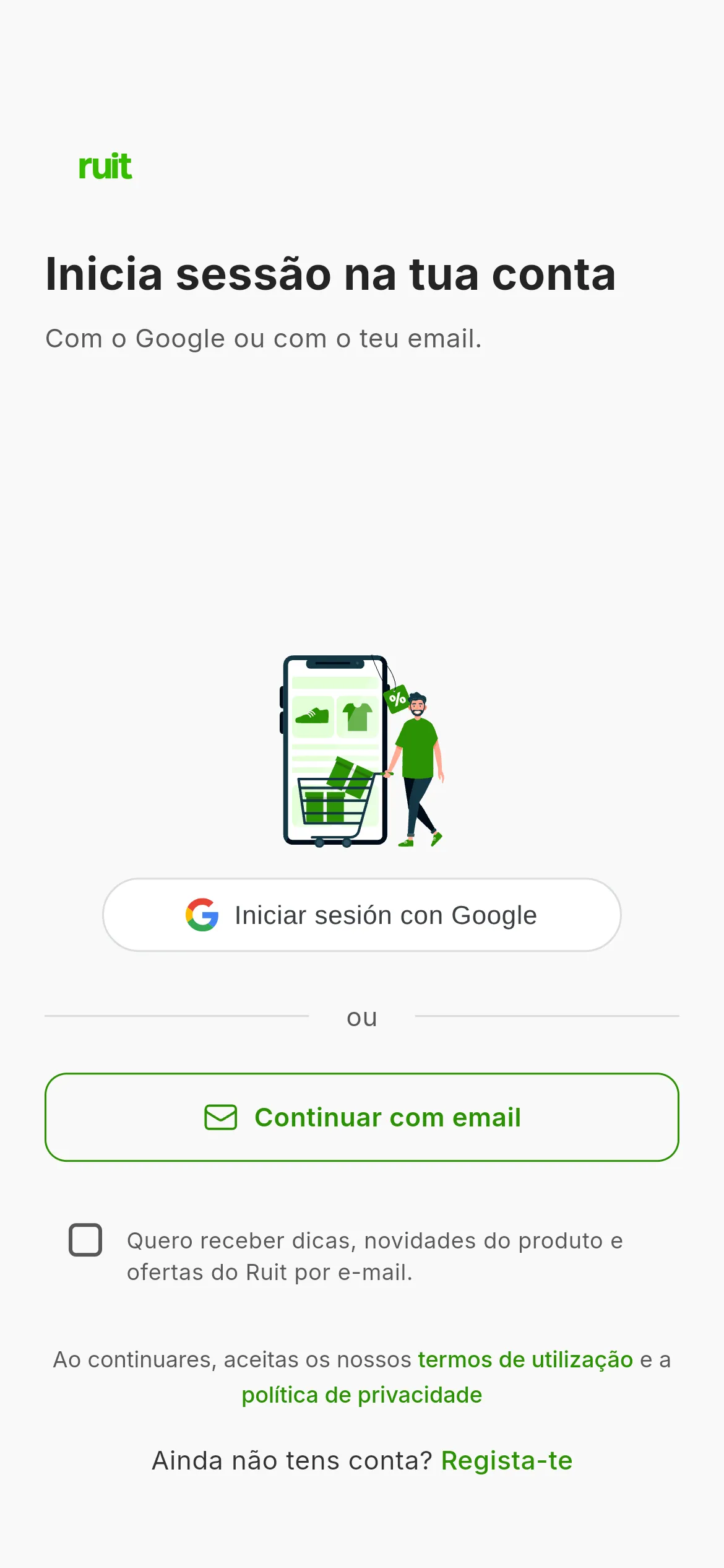 Ecrã de acesso do RUIT: o botão de entrar com o Google e o de continuar com um e-mail, com o aviso das condições por baixo.