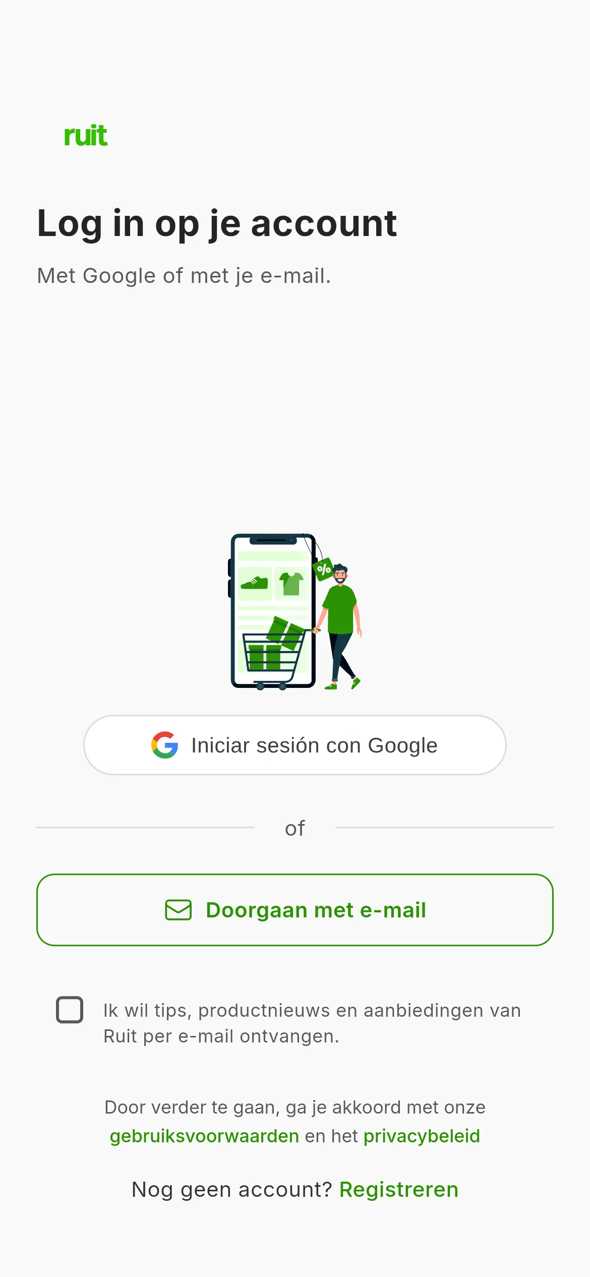 Het inlogscherm van RUIT: de knop om in te loggen met Google en die om door te gaan met een e-mailadres, met de melding over de voorwaarden eronder.