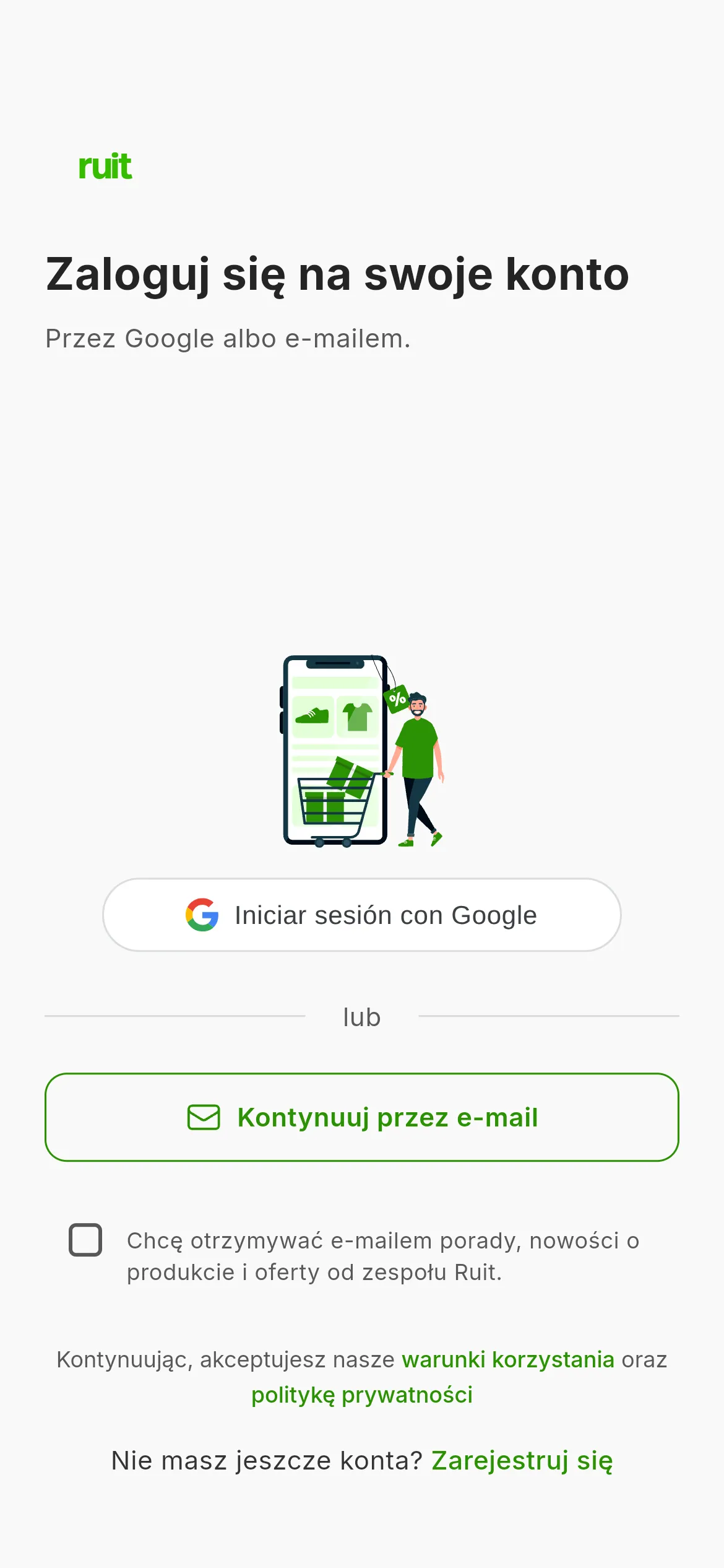 Ekran logowania do RUIT: przycisk logowania przez Google i przycisk kontynuowania z adresem e-mail, a pod nimi informacja o warunkach.