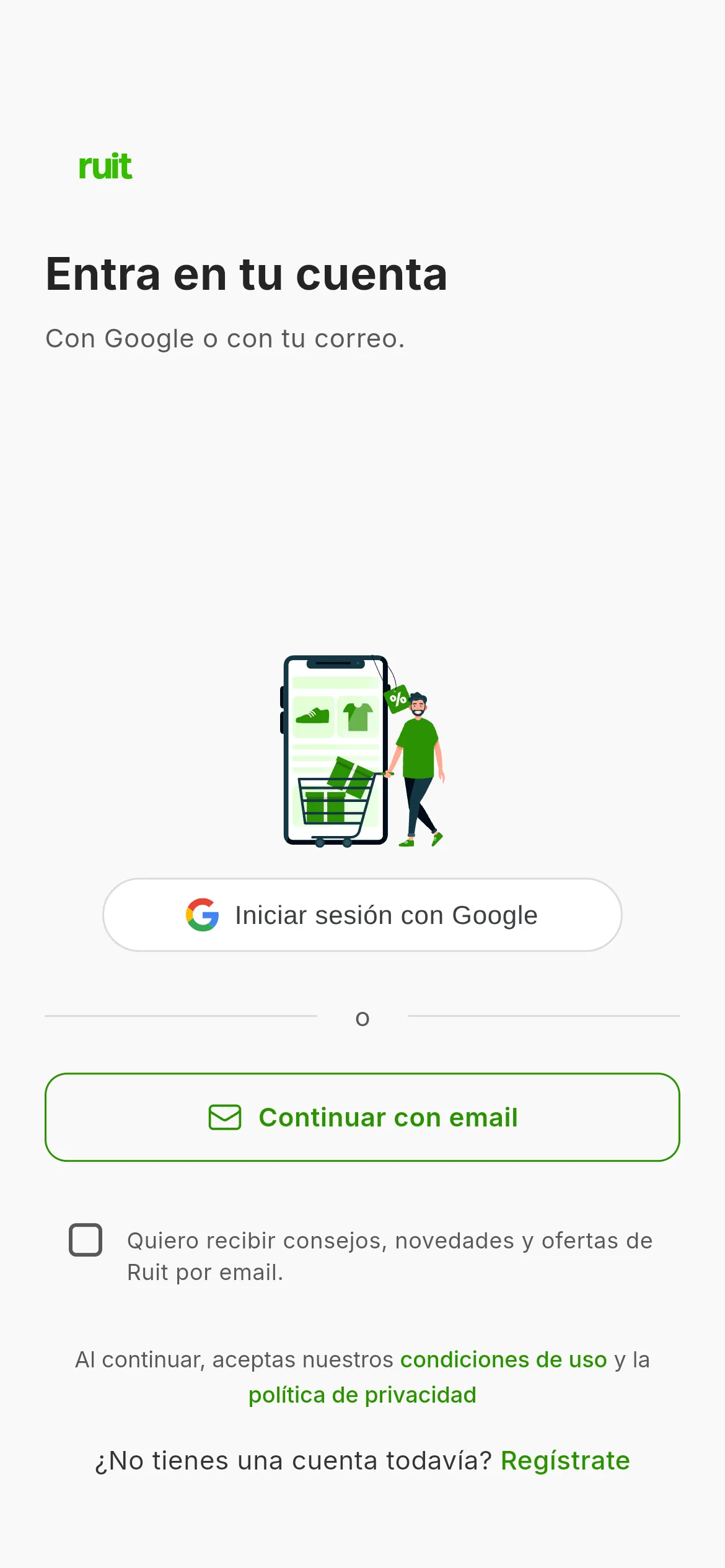 Pantalla de acceso de RUIT: el botón de acceder con Google y el de continuar con un correo, con el aviso de las condiciones debajo.