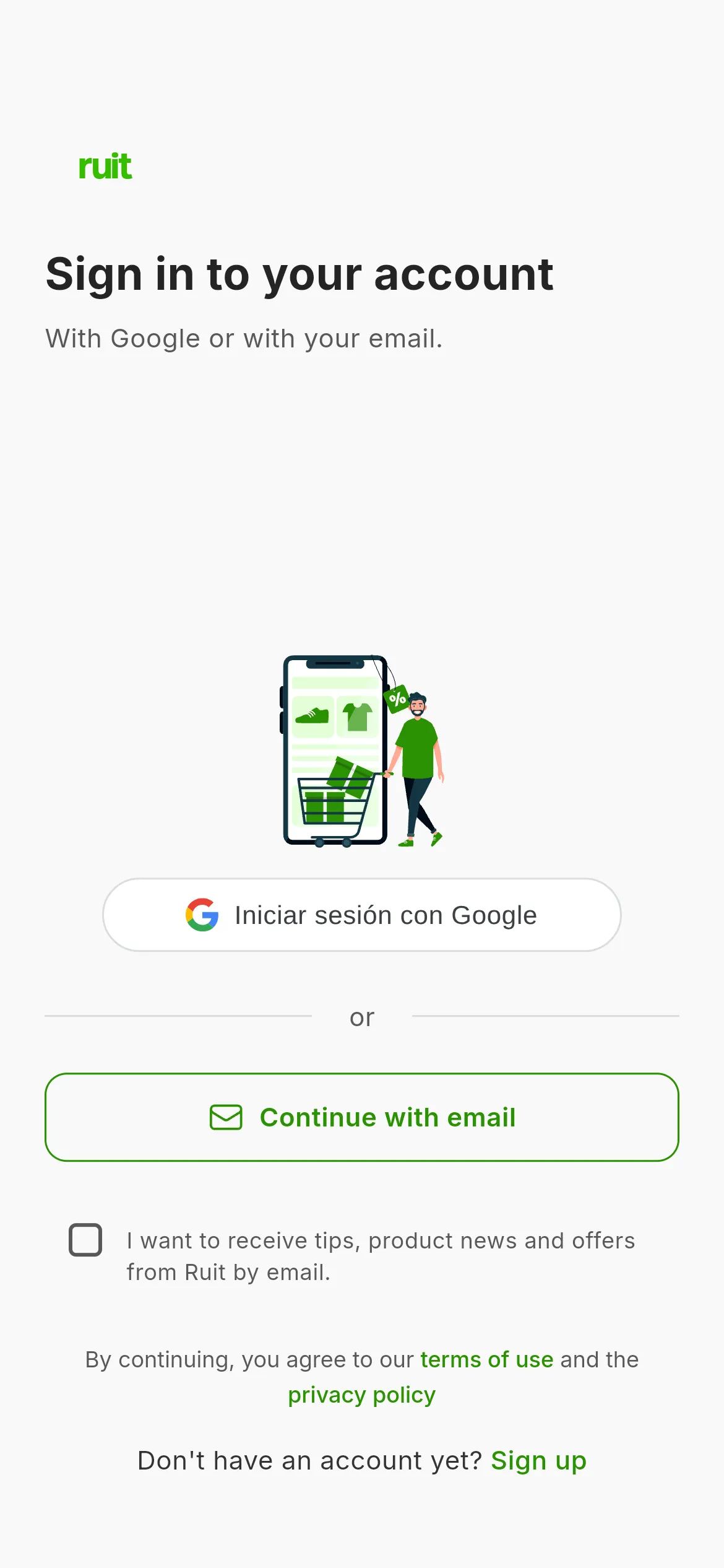 The RUIT sign-in screen: the button to sign in with Google and the one to continue with an email address, with the notice about the terms below.