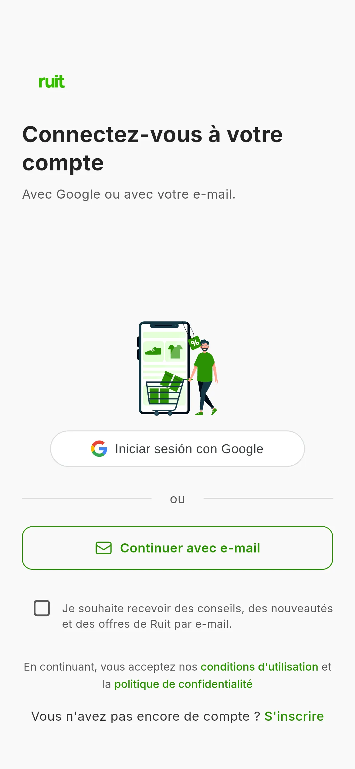 Écran de connexion de RUIT : le bouton pour se connecter avec Google et celui pour continuer avec un e-mail, avec la mention des conditions en dessous.