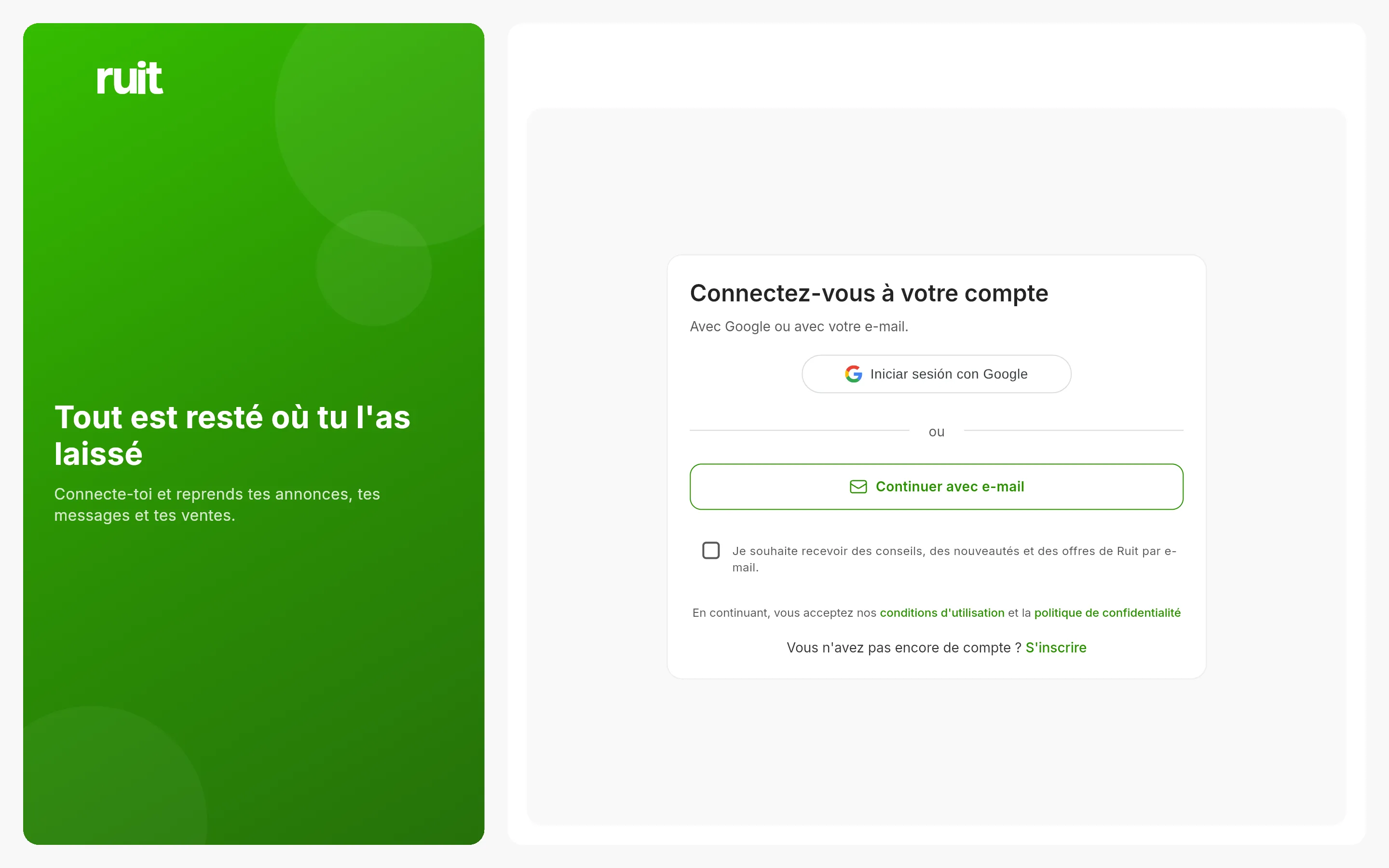 Écran de connexion de RUIT : le bouton pour se connecter avec Google et celui pour continuer avec un e-mail, avec la mention des conditions en dessous.
