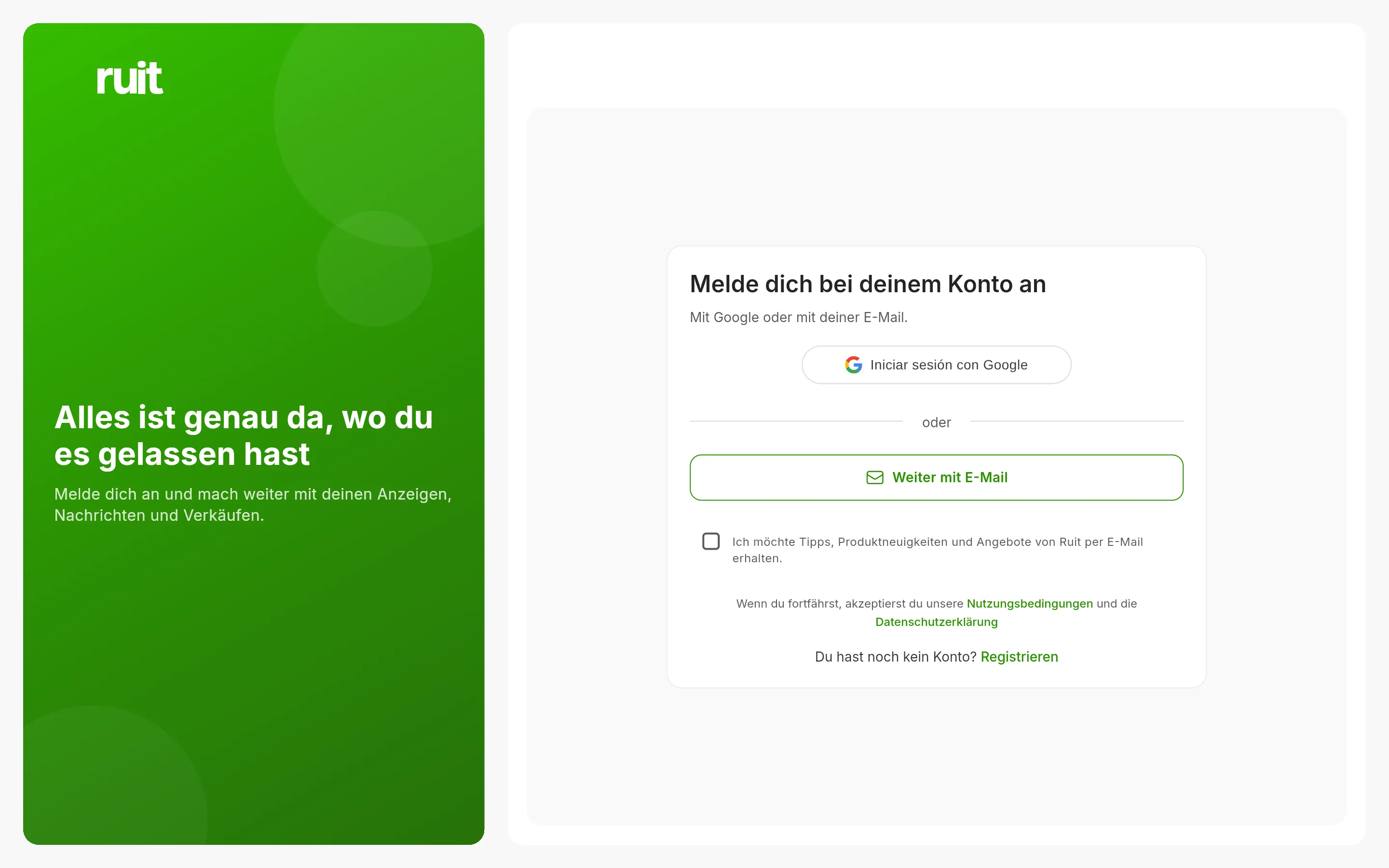 Der Anmeldebildschirm von RUIT: die Schaltfläche zum Anmelden mit Google und die zum Fortfahren mit einer E-Mail-Adresse, darunter der Hinweis auf die Bedingungen.