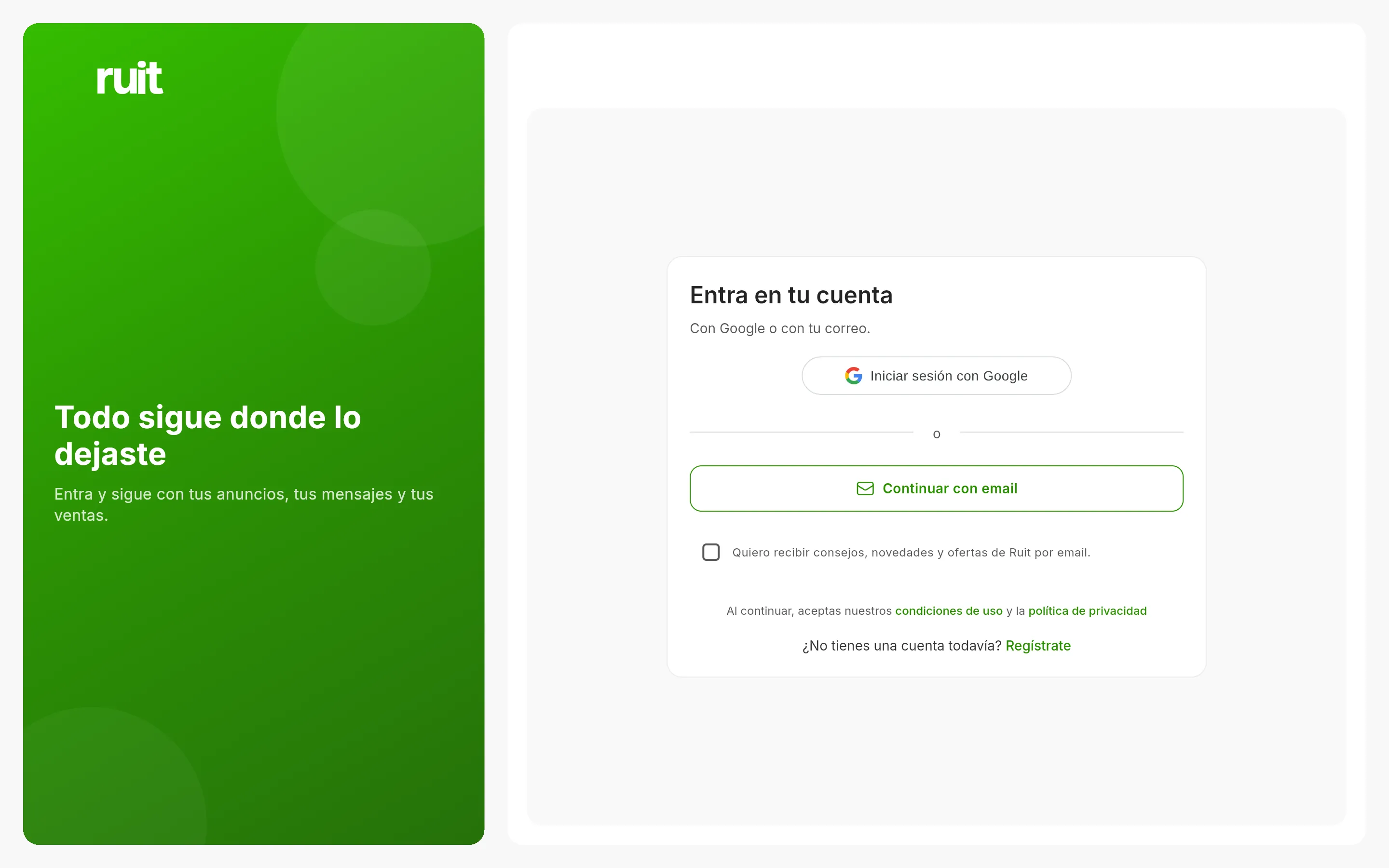 Pantalla de acceso de RUIT: a la izquierda el panel verde de bienvenida y a la derecha el botón de acceder con Google y el de continuar con un correo, con el aviso de las condiciones debajo.