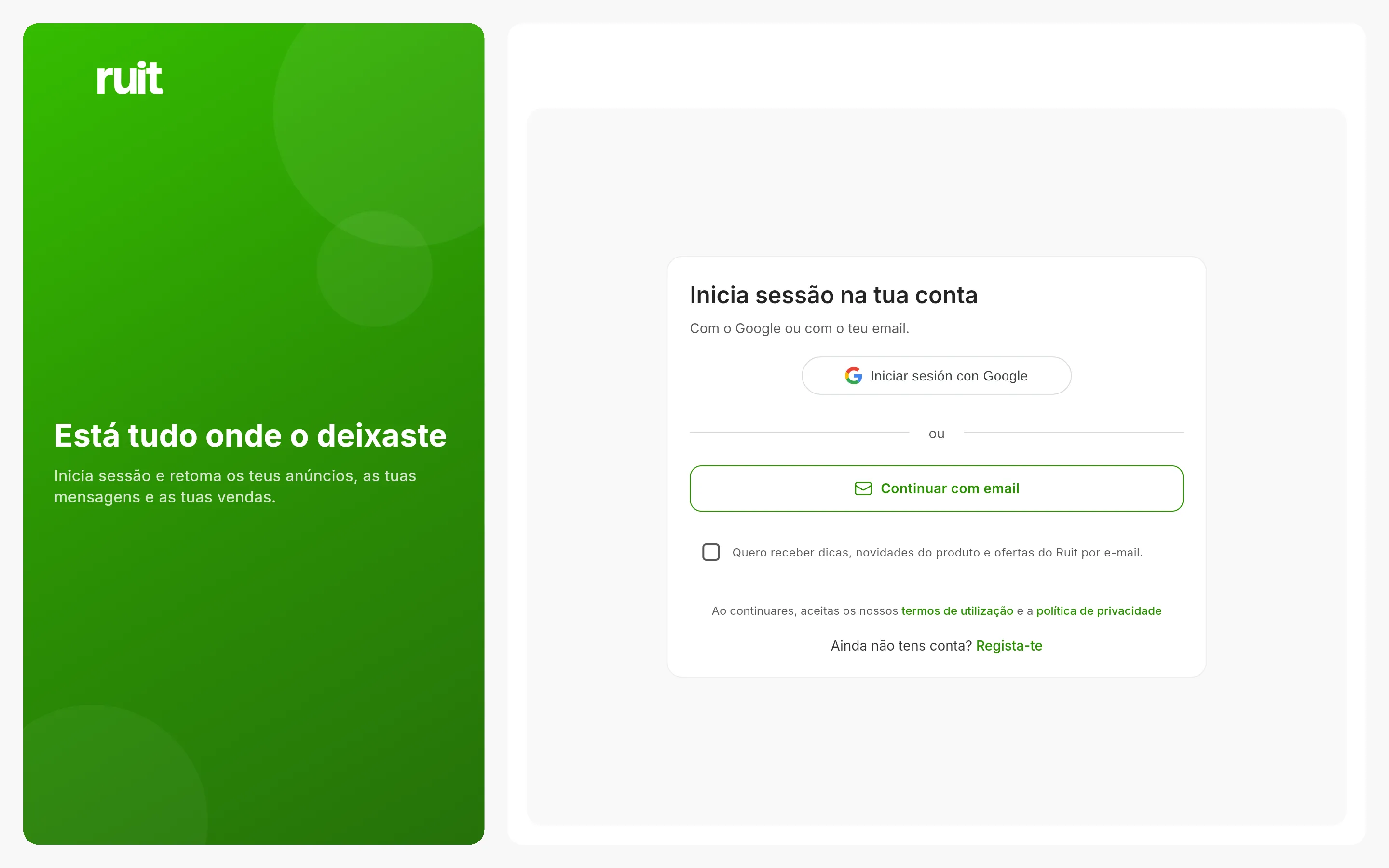 Ecrã de acesso do RUIT: o botão de entrar com o Google e o de continuar com um e-mail, com o aviso das condições por baixo.