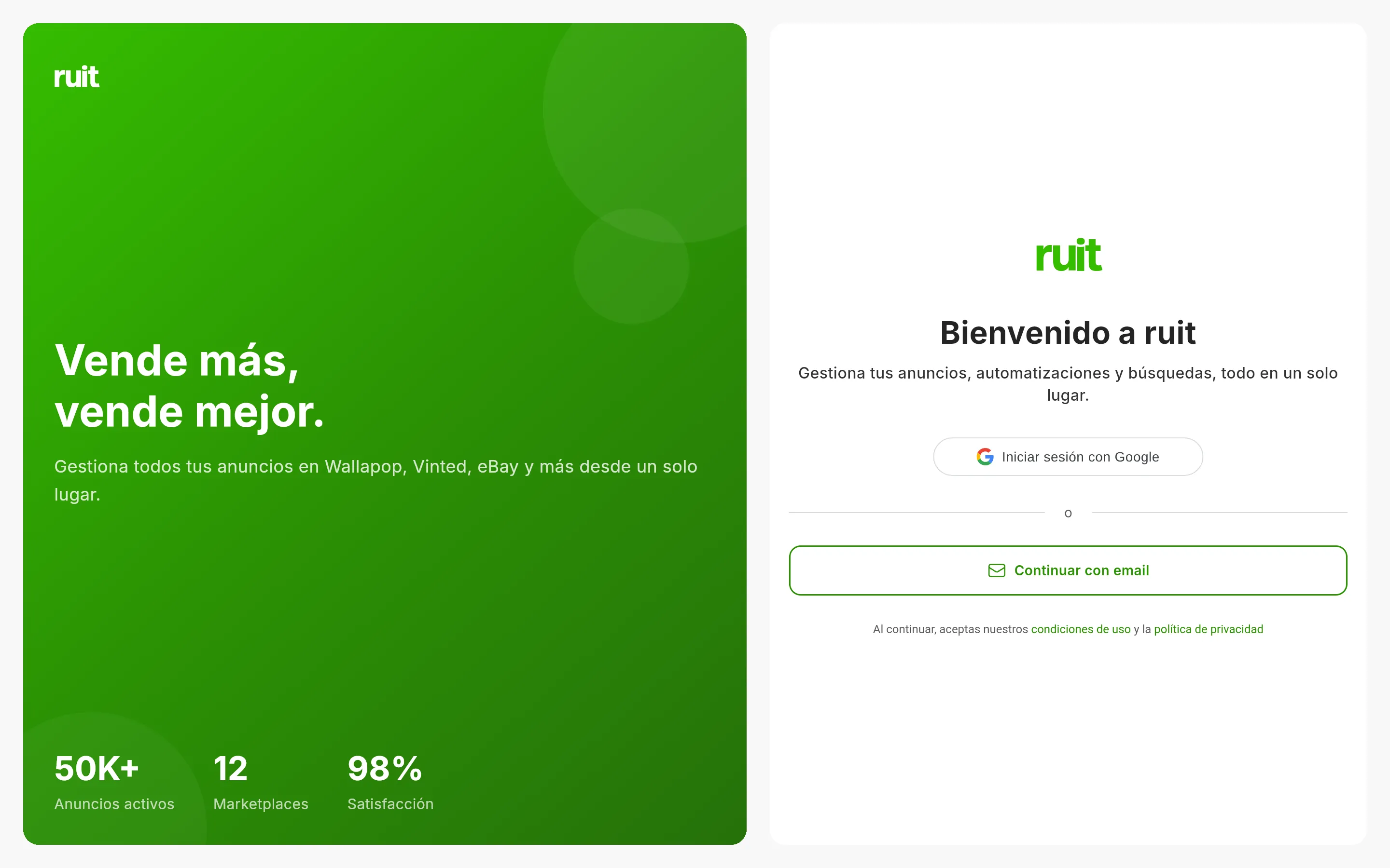 Pantalla de acceso de RUIT: a la izquierda el panel verde de bienvenida y a la derecha el botón de acceder con Google y el de continuar con un correo, con el aviso de las condiciones debajo.