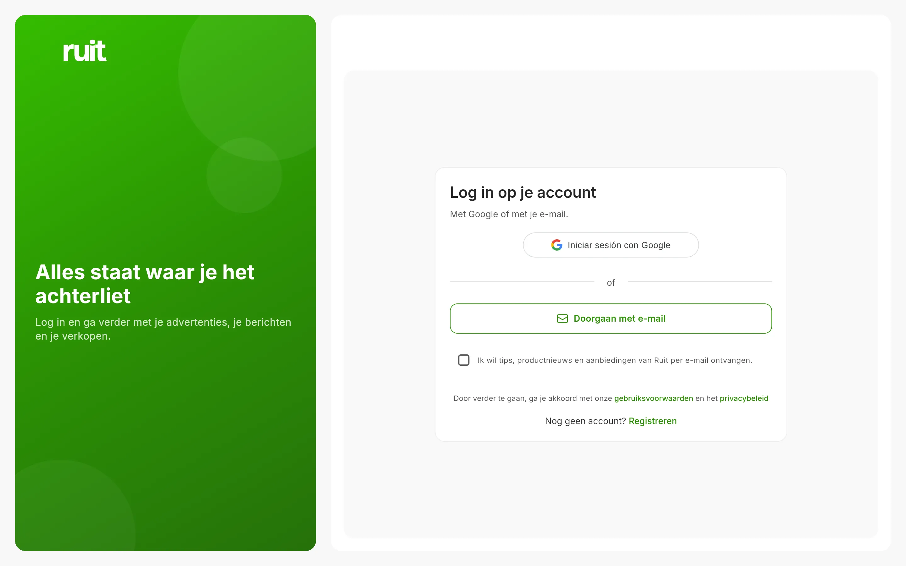 Het inlogscherm van RUIT: de knop om in te loggen met Google en die om door te gaan met een e-mailadres, met de melding over de voorwaarden eronder.