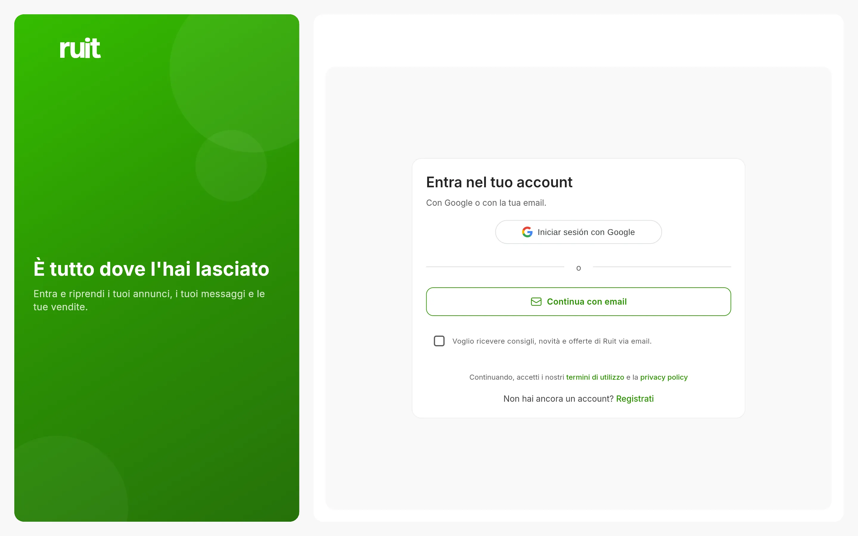 Schermata di accesso di RUIT: il pulsante per accedere con Google e quello per continuare con un'email, con l'avviso sulle condizioni sotto.