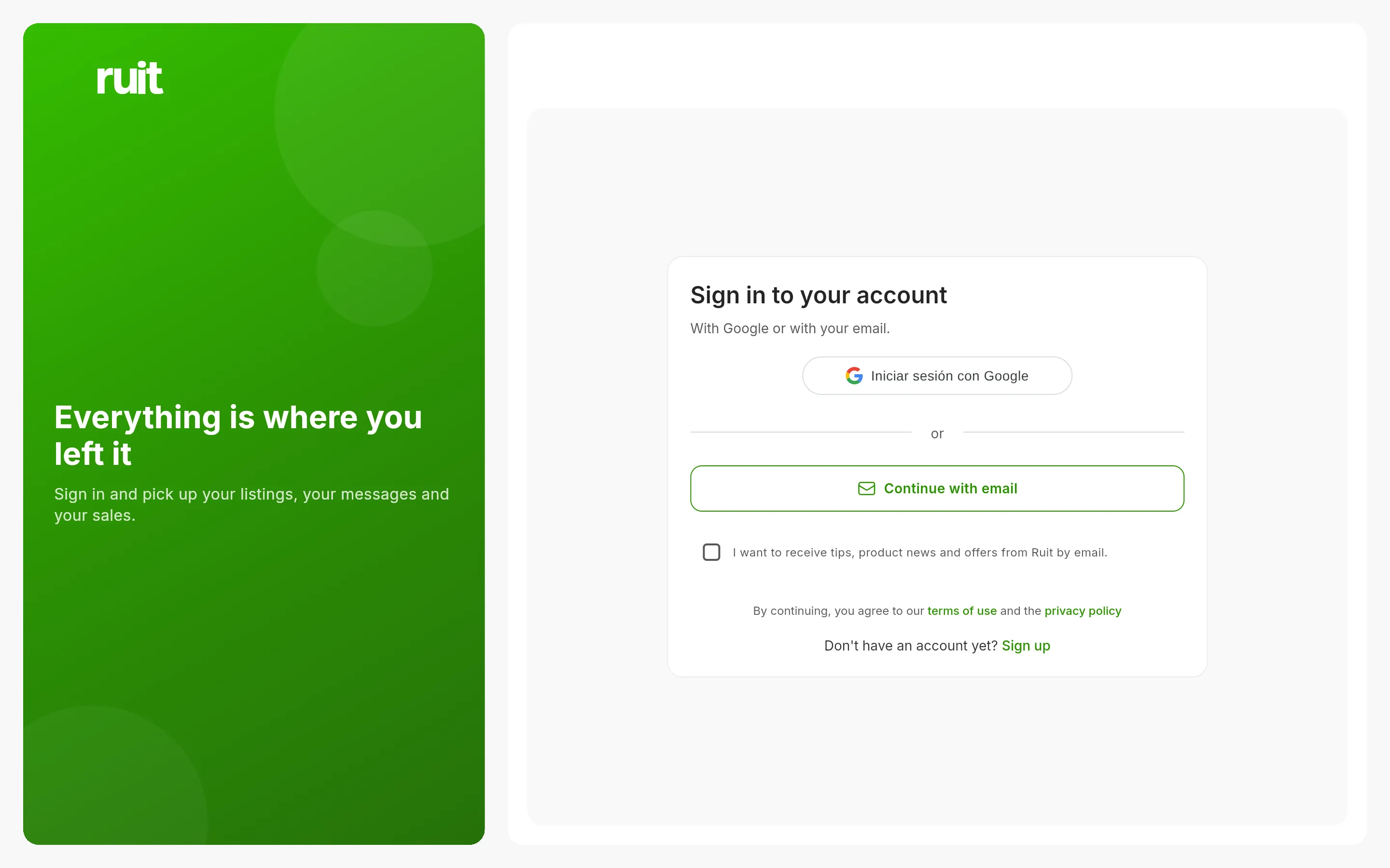 The RUIT sign-in screen: the button to sign in with Google and the one to continue with an email address, with the notice about the terms below.