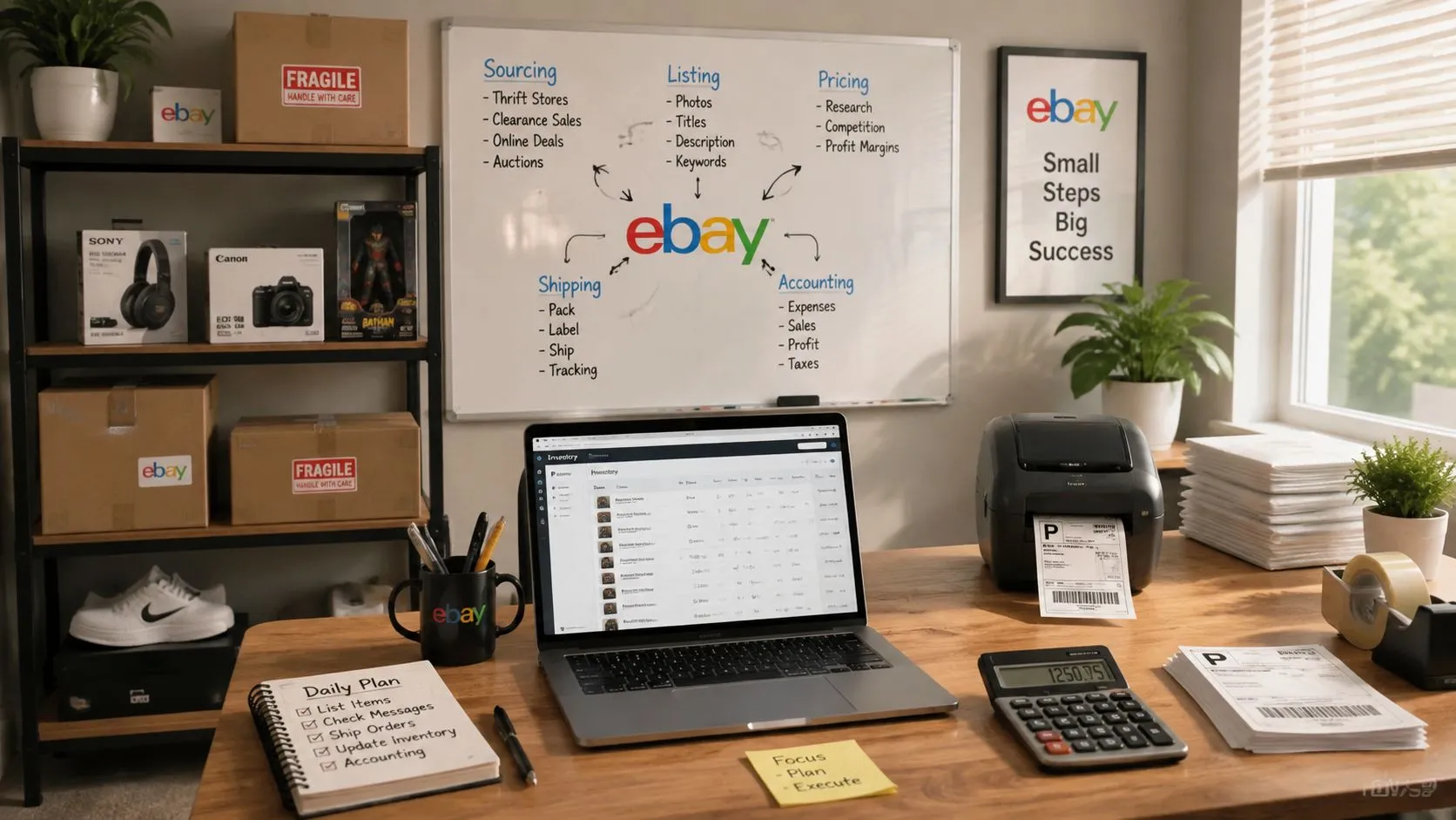 An organized home office workspace featuring an eBay business setup with shipping supplies, inventory planning, and equipment.