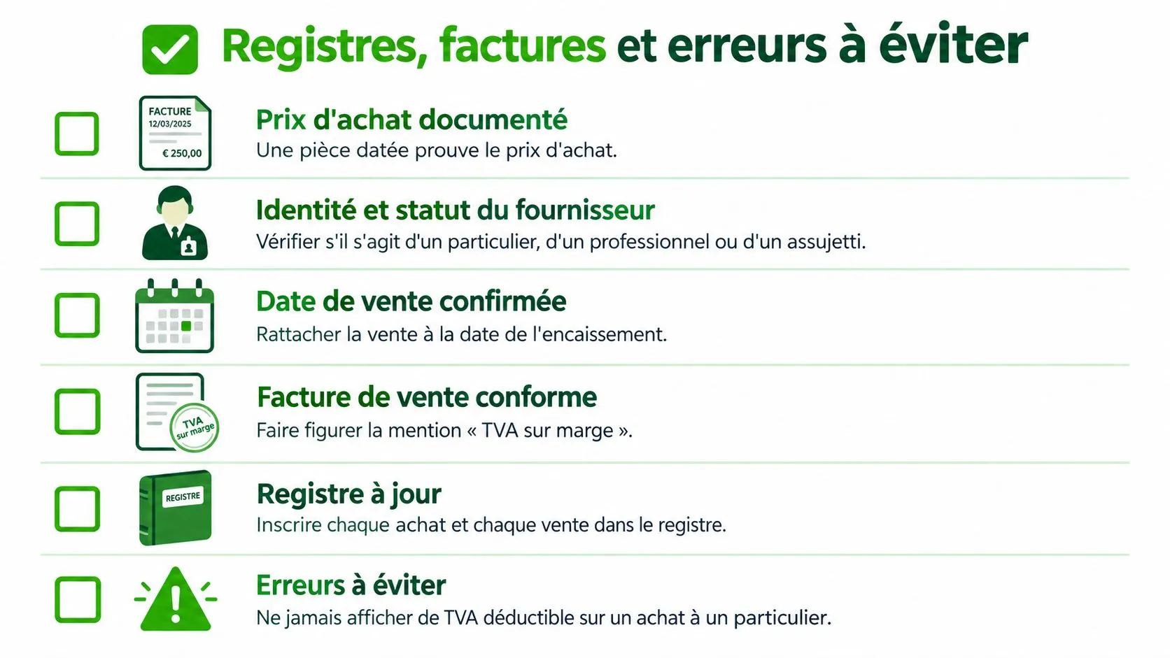 Liste de contrôle illustrée concernant les registres, factures et erreurs à éviter pour la TVA sur marge.