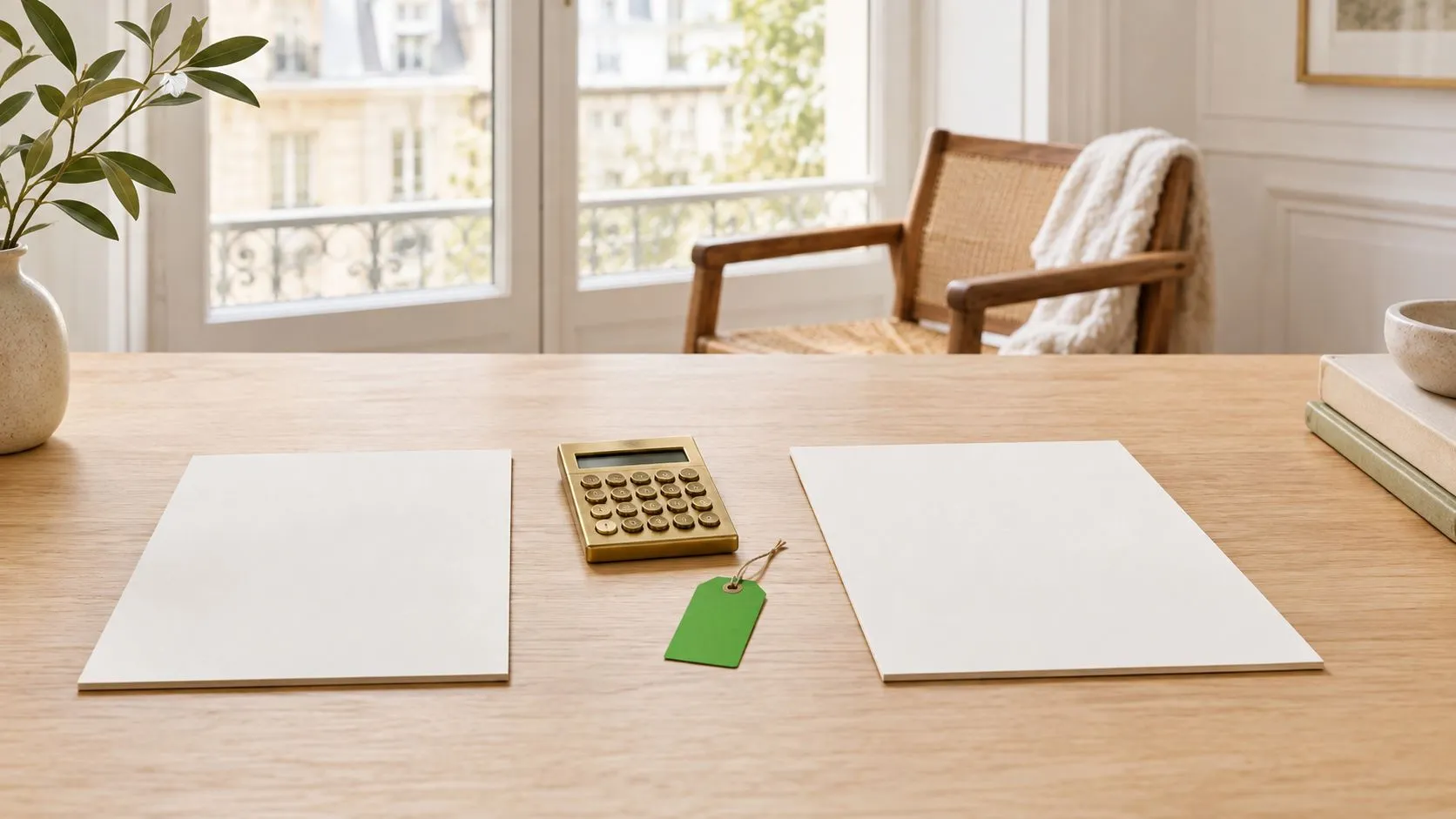 Bureau en bois épuré avec deux feuilles blanches, une calculatrice dorée et une étiquette verte.