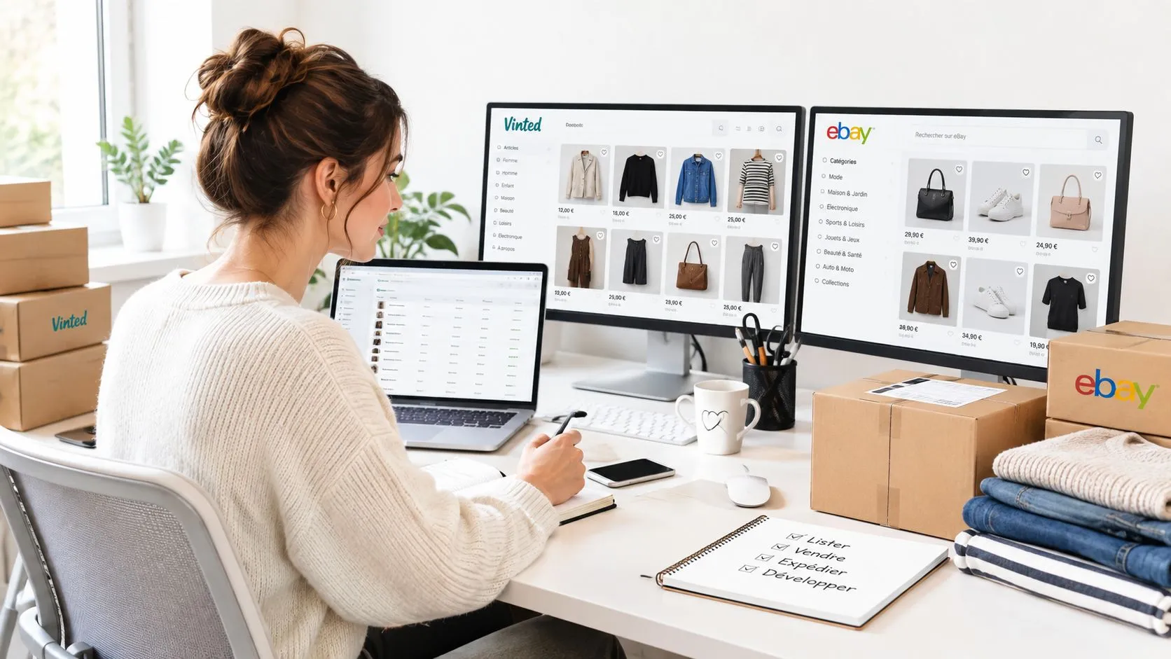 Une femme travaillant sur un ordinateur portable et des écrans gérant ses ventes en ligne sur plusieurs marketplaces.