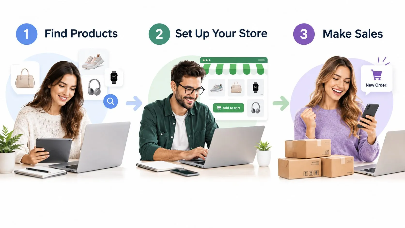 Three people showing the three-step process of finding products, setting up a store, and making online sales.
