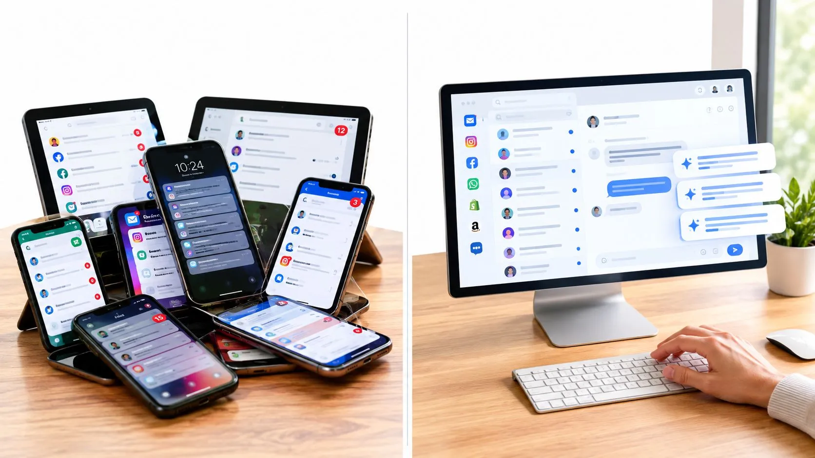 Varios móviles y tabletas llenos de notificaciones de distintos canales frente a un ordenador con una sola bandeja de mensajes y respuestas sugeridas.