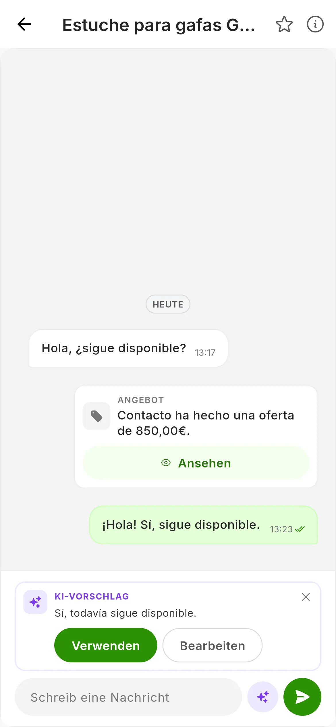 Der Chat mit einem Entwurf der KI über dem Eingabefeld: die Beschriftung KI-Vorschlag, der vorgeschlagene Text, die Schaltflächen Verwenden und Bearbeiten und das X zum Verwerfen