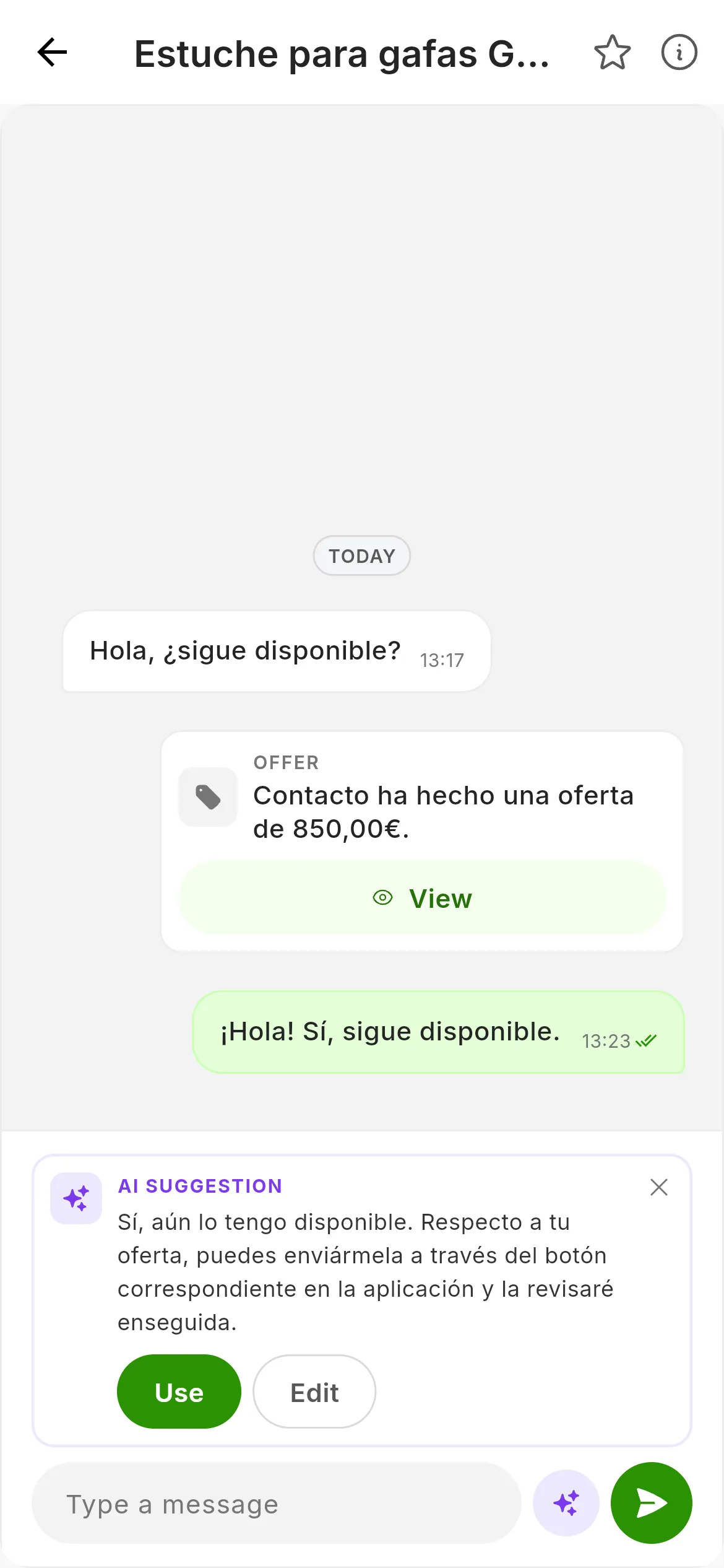 The chat with an AI draft above the message box: the AI suggestion label, the proposed text, the Use and Edit buttons and the X to dismiss it