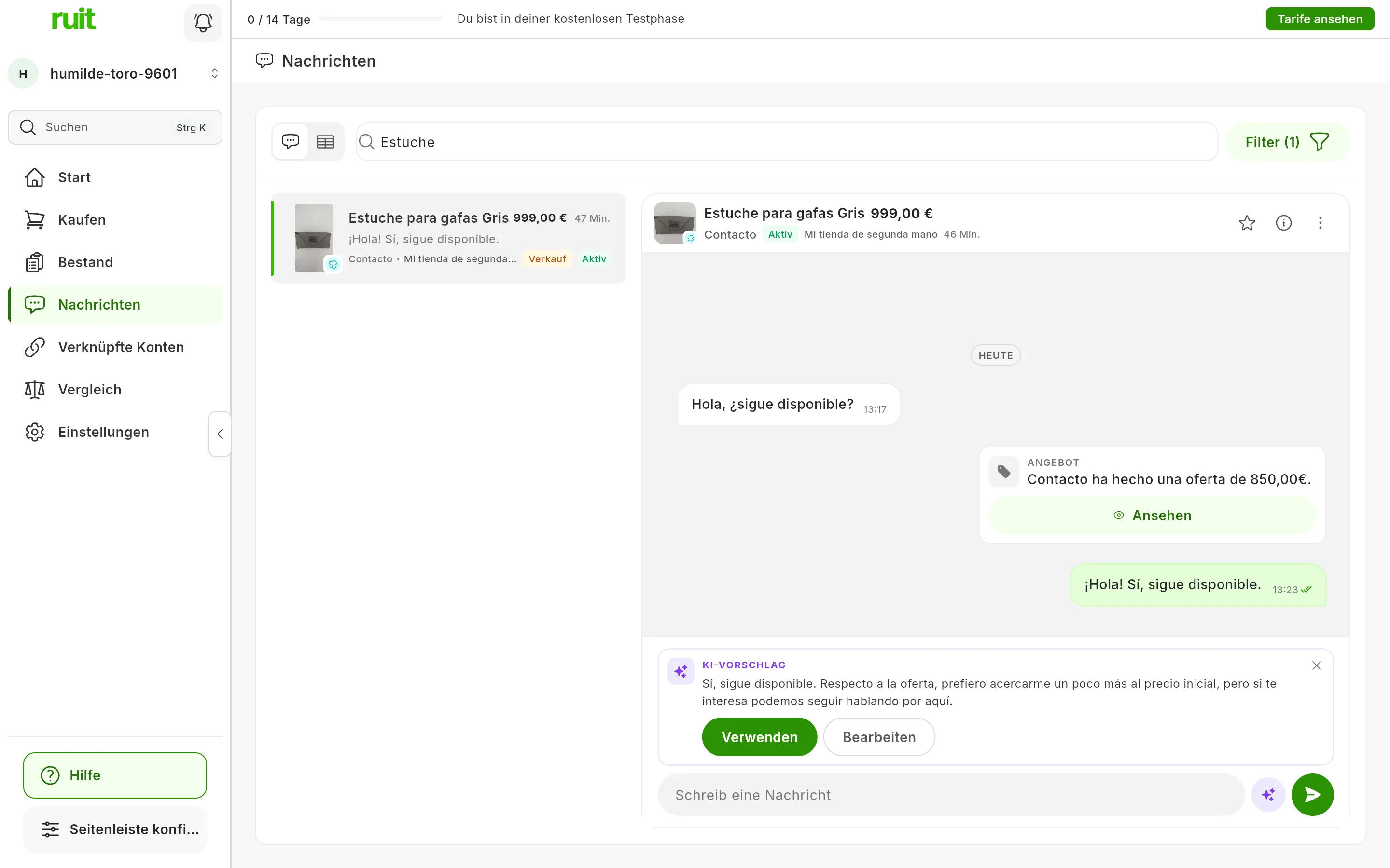 Der Chat mit einem Entwurf der KI über dem Eingabefeld: die Beschriftung KI-Vorschlag, der vorgeschlagene Text, die Schaltflächen Verwenden und Bearbeiten und das X zum Verwerfen