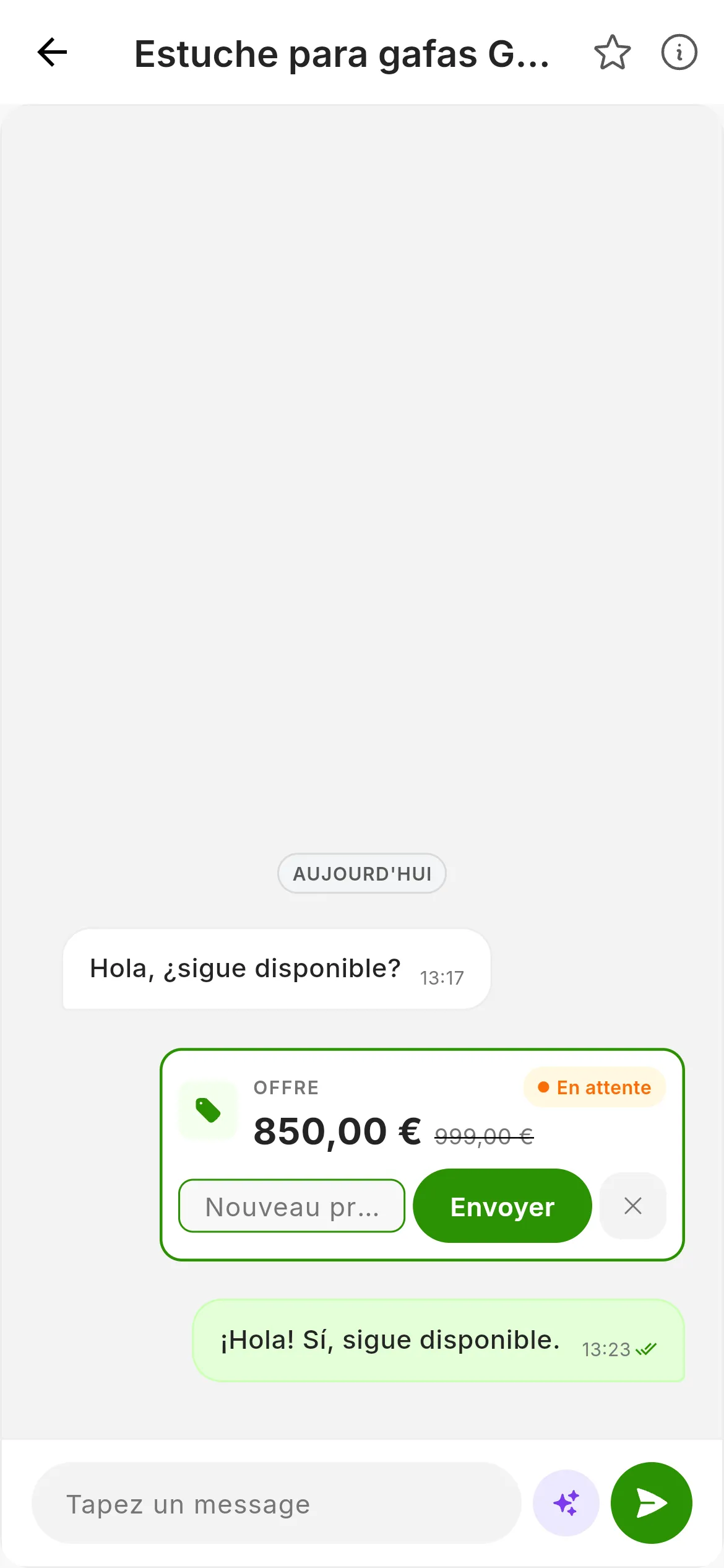 La carte de l'offre avec le champ Nouveau prix (€) ouvert, le bouton Envoyer et la X pour annuler