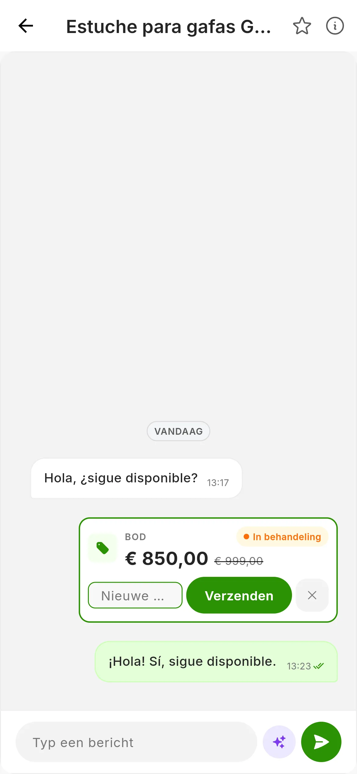 De kaart van het bod met het veld Nieuwe prijs (€) open, de knop Verzenden en de X om te annuleren