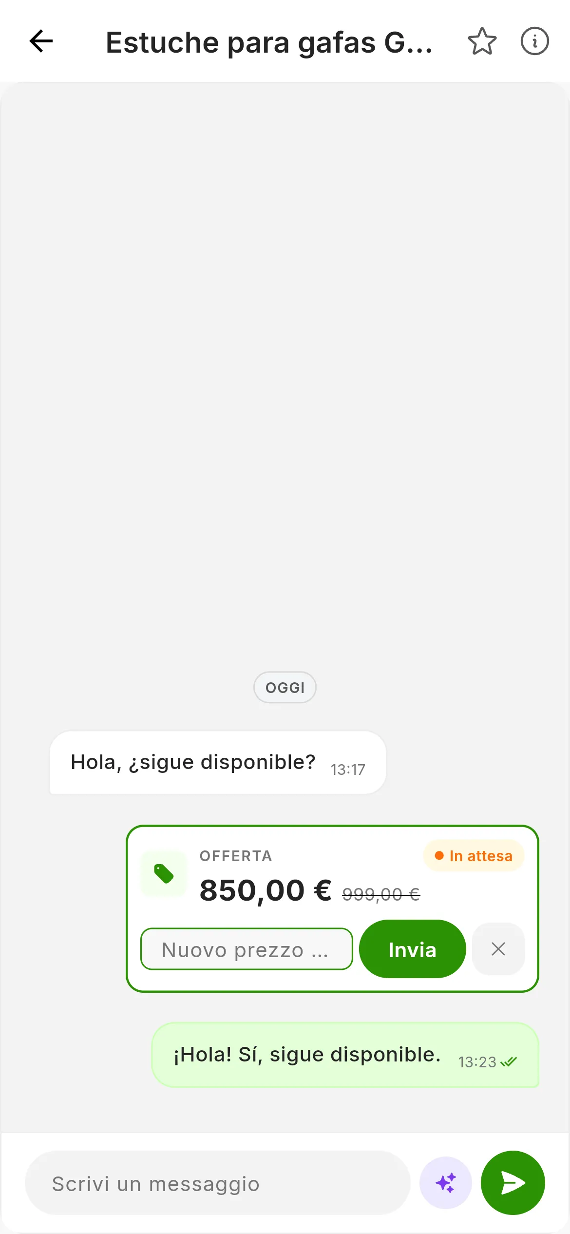 La scheda dell'offerta con il campo Nuovo prezzo (€) aperto, il pulsante Invia e la X per annullare
