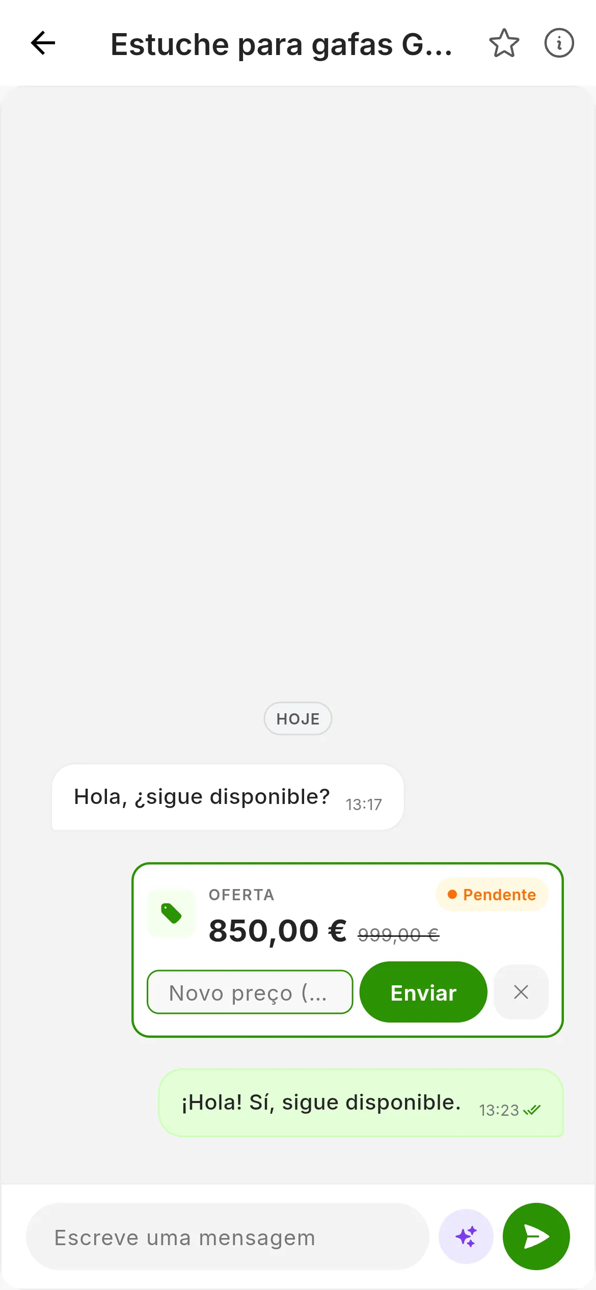 O cartão da oferta com o campo Novo preço (€) aberto, o botão Enviar e o X para cancelar