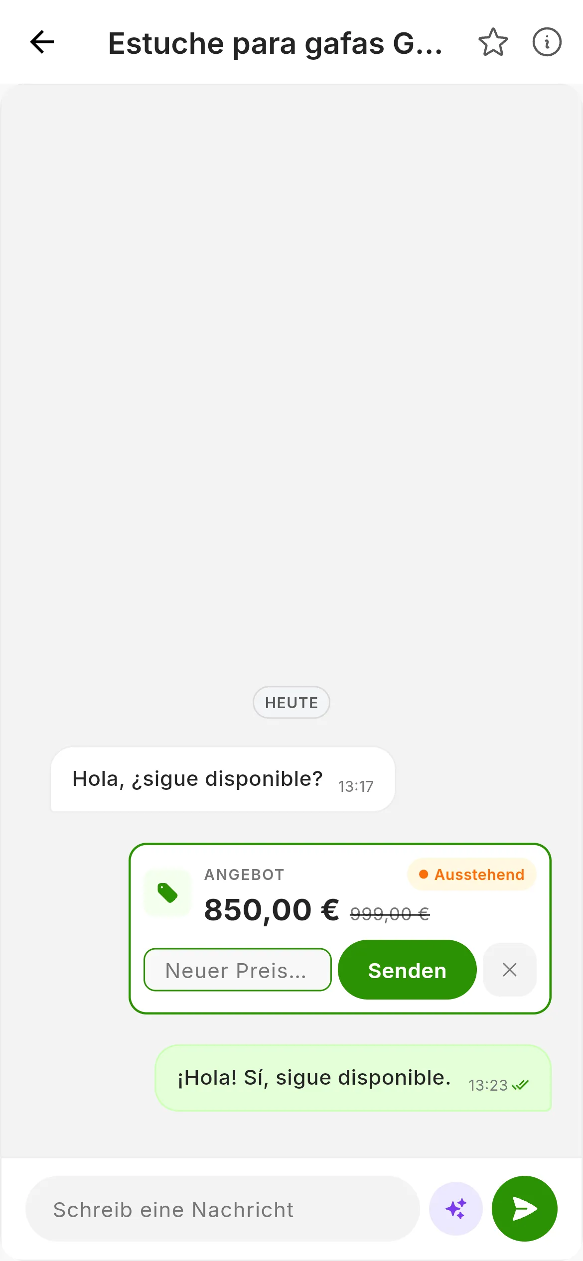 Die Karte des Angebots mit dem geöffneten Feld Neuer Preis (€), der Schaltfläche Senden und dem X zum Abbrechen