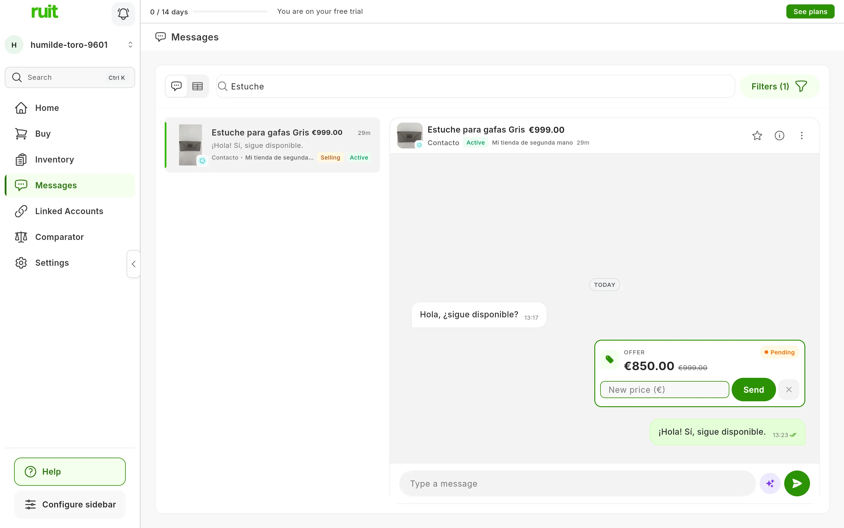 The offer card with the New price (€) field open, the Send button and the X to cancel