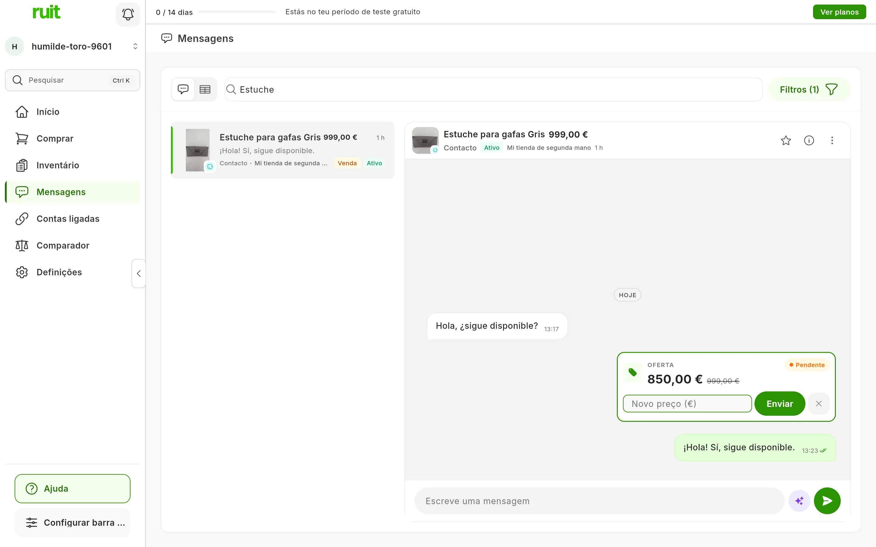 O cartão da oferta com o campo Novo preço (€) aberto, o botão Enviar e o X para cancelar