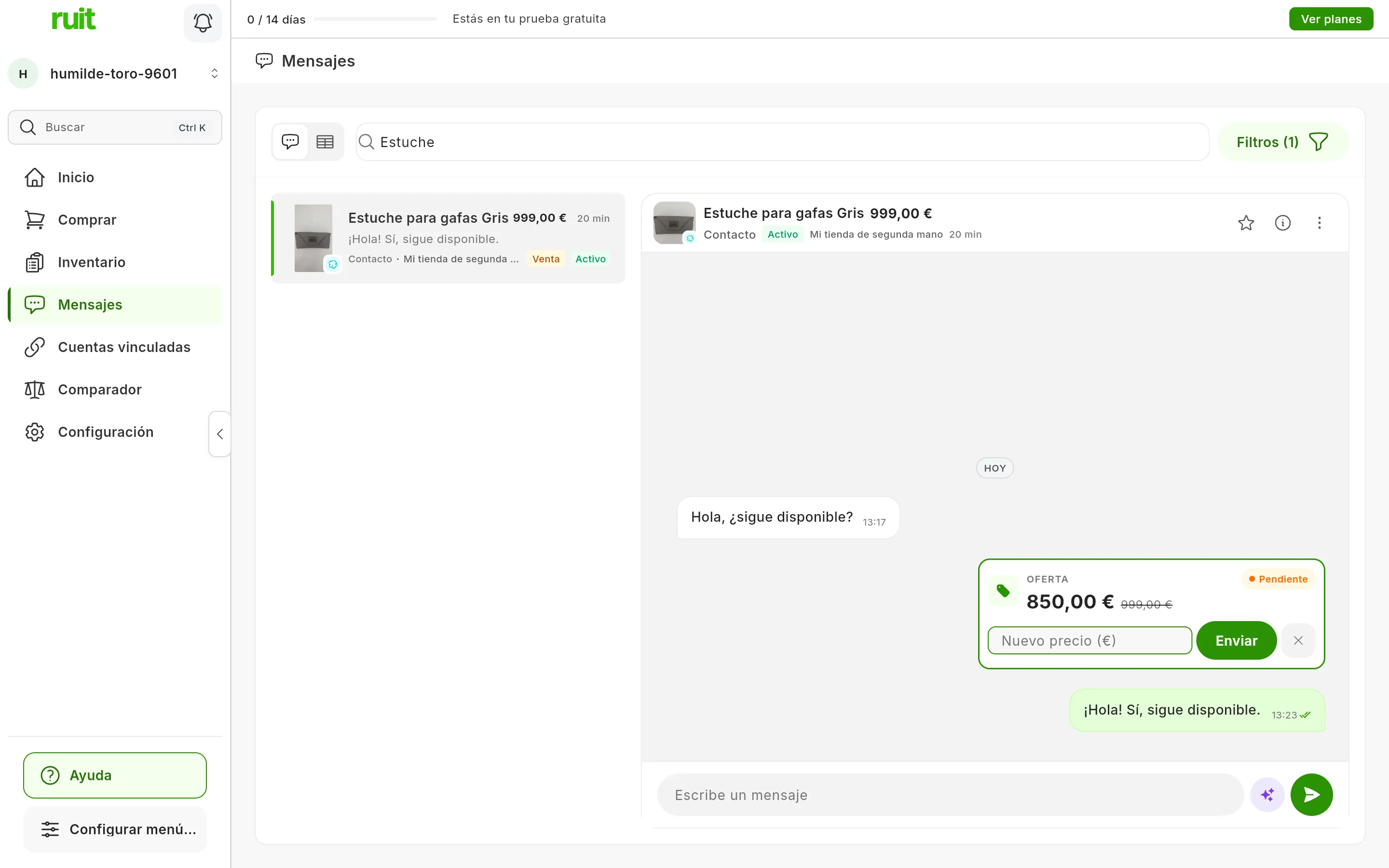 La tarjeta de la oferta con el campo Nuevo precio (€) abierto, el botón Enviar y la X para cancelar