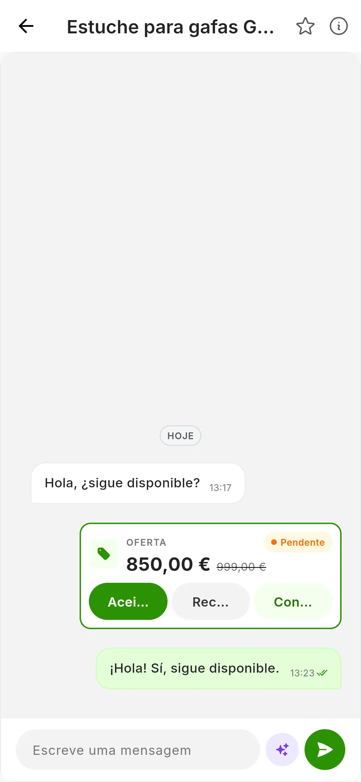 Uma oferta do Wallapop na conversa depois de carregar em Ver: o rótulo Oferta, o estado Pendente, 850,00 € com o preço original riscado e os botões Aceitar, Recusar e Contraproposta