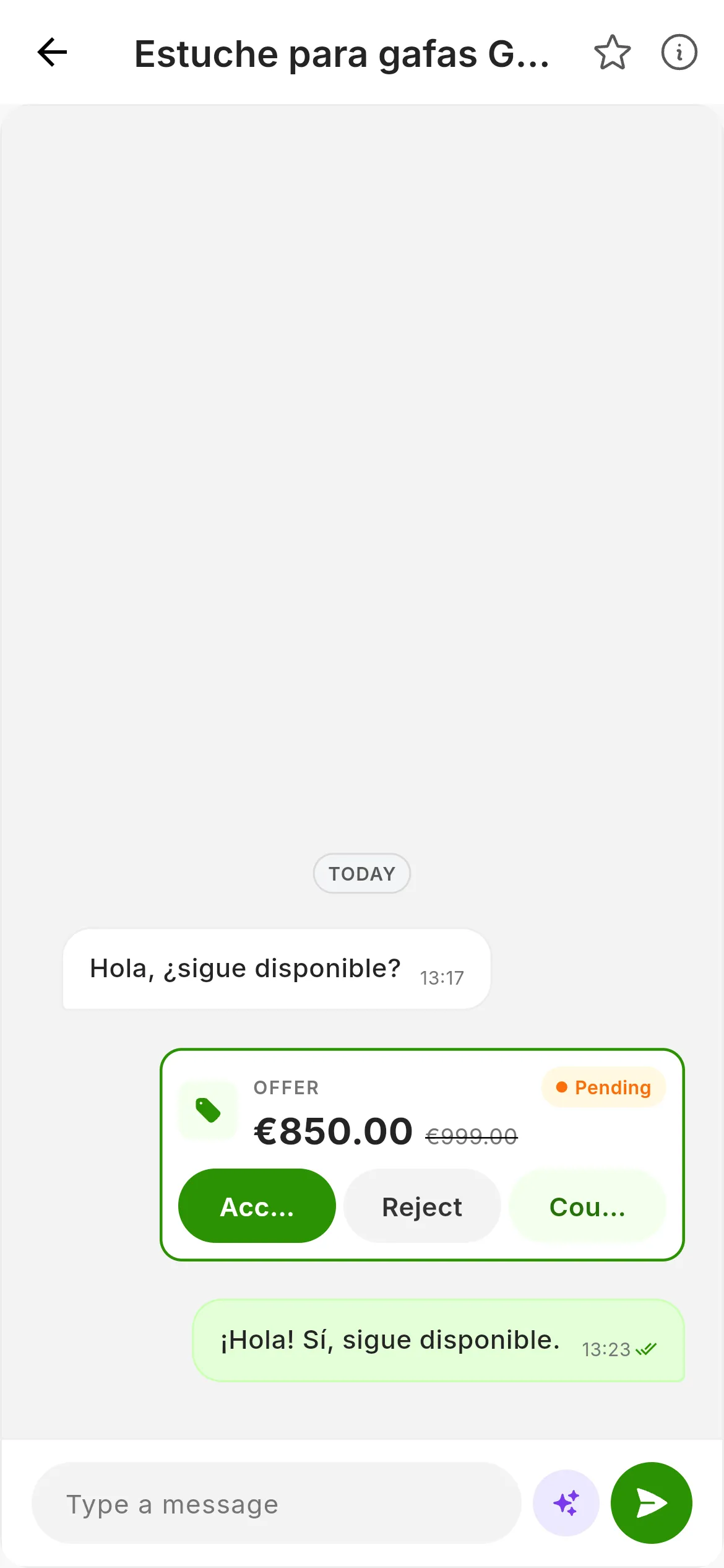 A Wallapop offer in the chat after pressing View: the Offer label, the Pending status, €850.00 with the original price struck through, and the Accept, Reject and Counter buttons