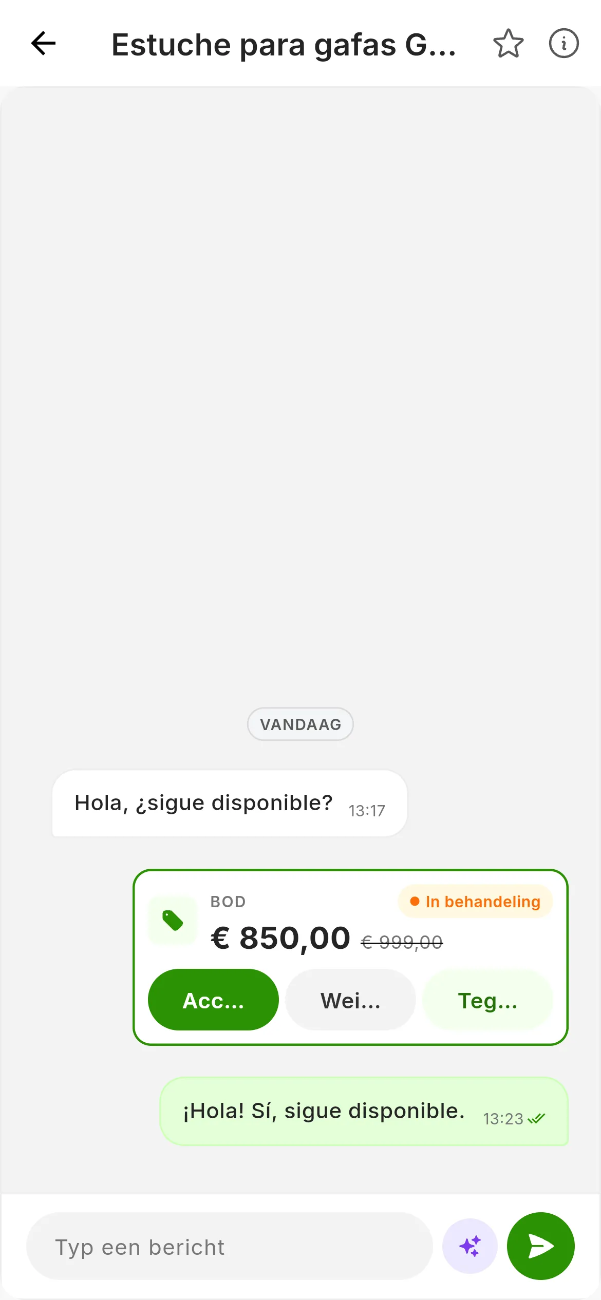 Een bod op Wallapop in de chat, nadat op Bekijken is gedrukt: het label Bod, de status In behandeling, 850,00 € met de oorspronkelijke prijs doorgestreept en de knoppen Accepteren, Weigeren en Tegenbieden