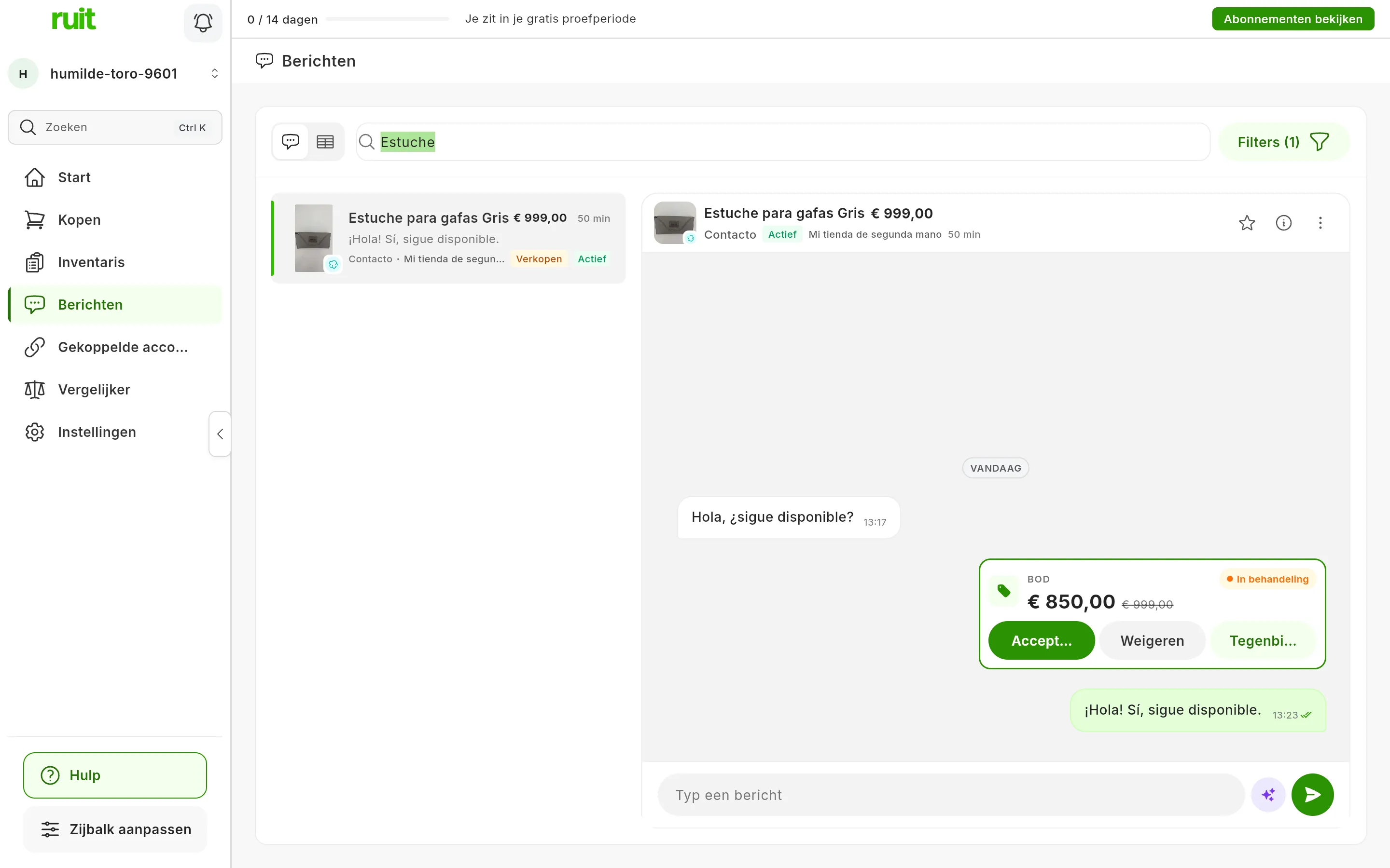 Een bod op Wallapop in de chat, nadat op Bekijken is gedrukt: het label Bod, de status In behandeling, 850,00 € met de oorspronkelijke prijs doorgestreept en de knoppen Accepteren, Weigeren en Tegenbieden