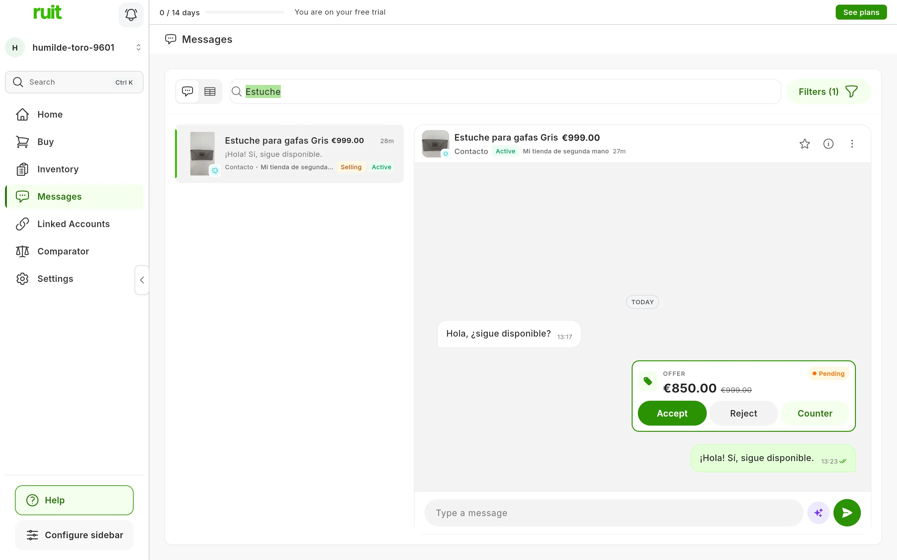 A Wallapop offer in the chat after pressing View: the Offer label, the Pending status, €850.00 with the original price struck through, and the Accept, Reject and Counter buttons