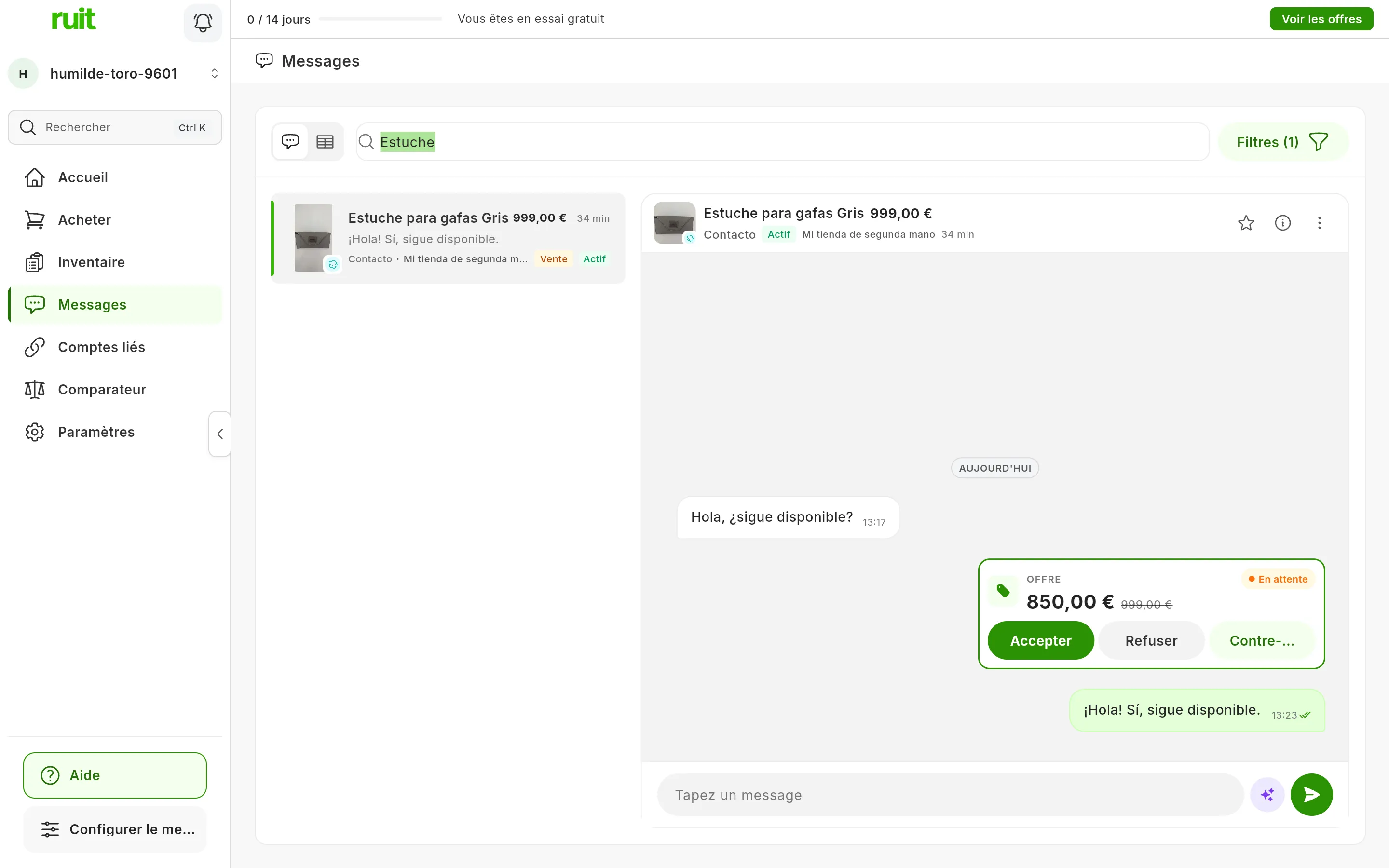 Une offre Wallapop dans le chat après avoir appuyé sur Voir : le libellé Offre, le statut En attente, 850,00 € avec le prix d'origine barré et les boutons Accepter, Refuser et Contre-offre