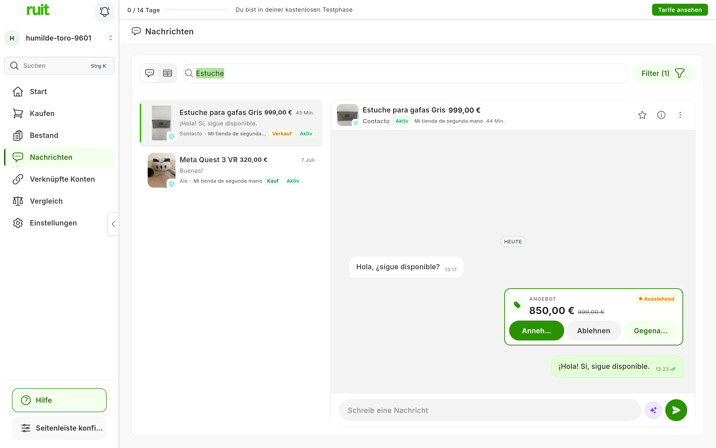 Ein Angebot von Wallapop im Chat, nachdem Ansehen gedrückt wurde: die Beschriftung Angebot, der Status Ausstehend, 850,00 € mit dem durchgestrichenen ursprünglichen Preis und die Schaltflächen Annehmen, Ablehnen und Gegenangebot