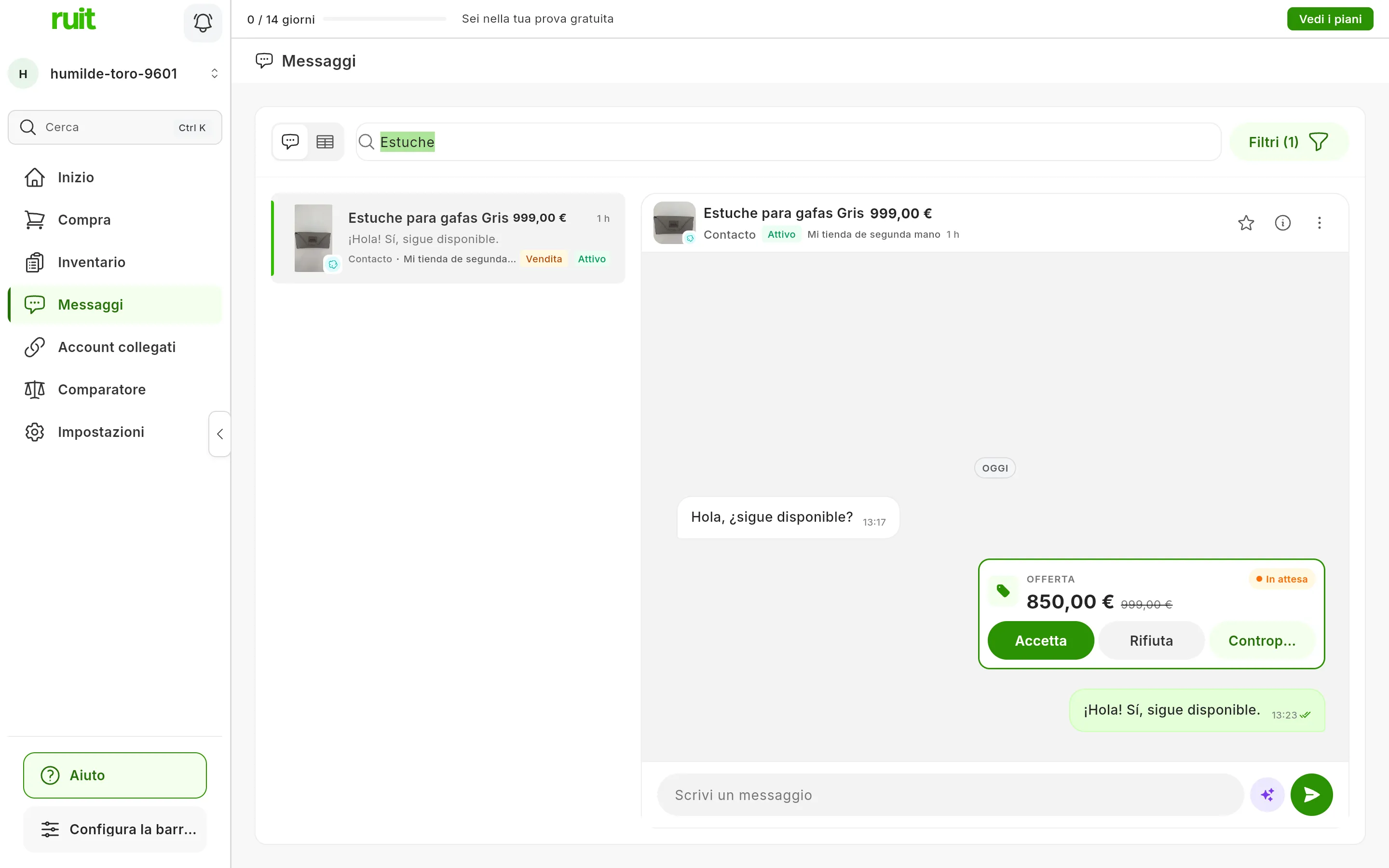 Un'offerta di Wallapop nella chat dopo aver premuto Vedi: l'etichetta Offerta, lo stato In attesa, 850,00 € con il prezzo originale barrato e i pulsanti Accetta, Rifiuta e Controproposta