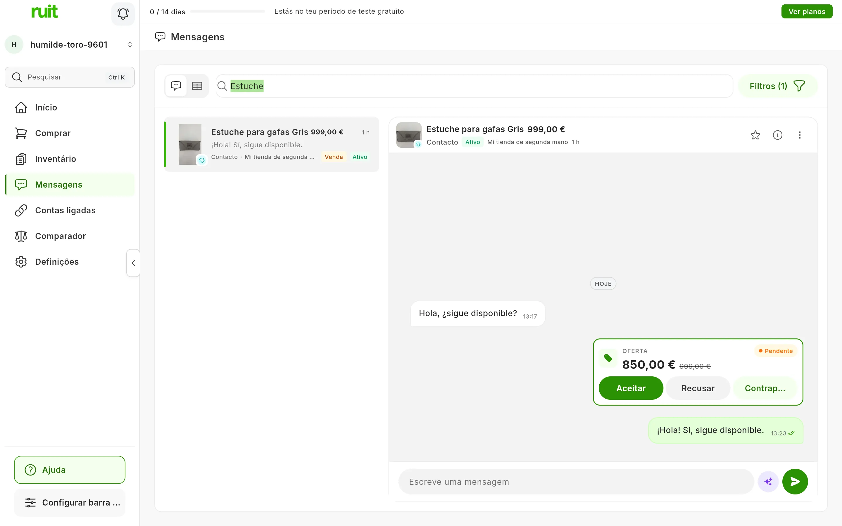 Uma oferta do Wallapop na conversa depois de carregar em Ver: o rótulo Oferta, o estado Pendente, 850,00 € com o preço original riscado e os botões Aceitar, Recusar e Contraproposta
