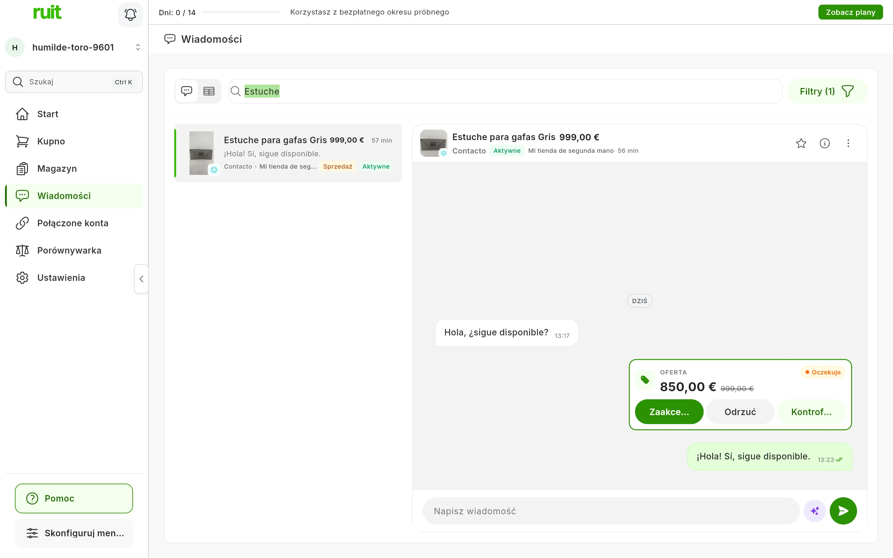 Oferta z Wallapop w czacie po naciśnięciu Zobacz: etykieta Oferta, status Oczekuje, 850,00 € z przekreśloną ceną pierwotną oraz przyciski Zaakceptuj, Odrzuć i Kontroferta