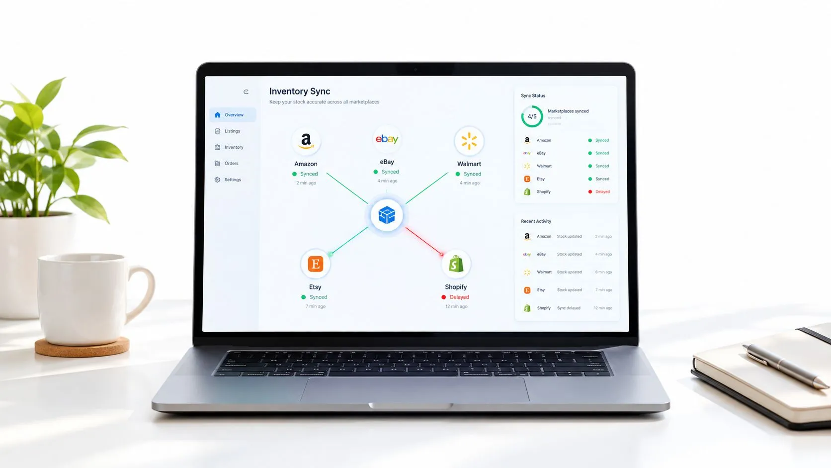 Laptop screen displaying a multichannel inventory sync dashboard for managing online store marketplaces and product listings.