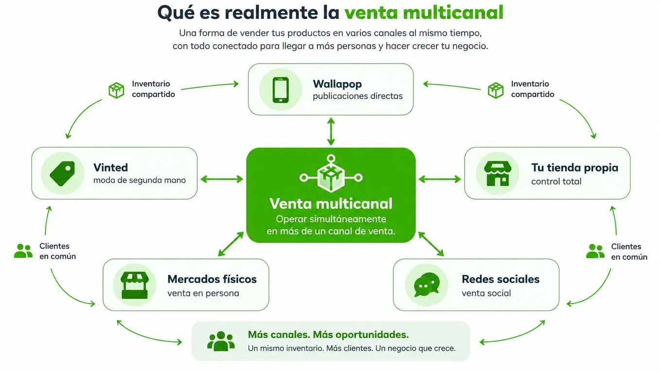 Diagrama explicativo sobre el concepto de venta multicanal conectando diversos canales de venta en un solo inventario.