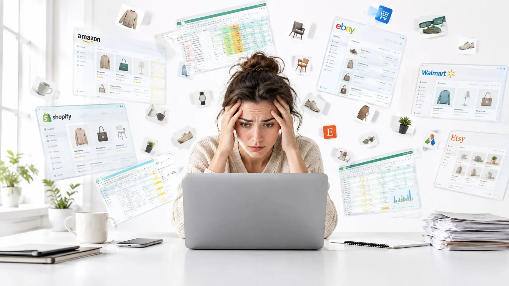 Mujer estresada frente a una computadora portátil rodeada de múltiples plataformas de ventas y hojas de cálculo