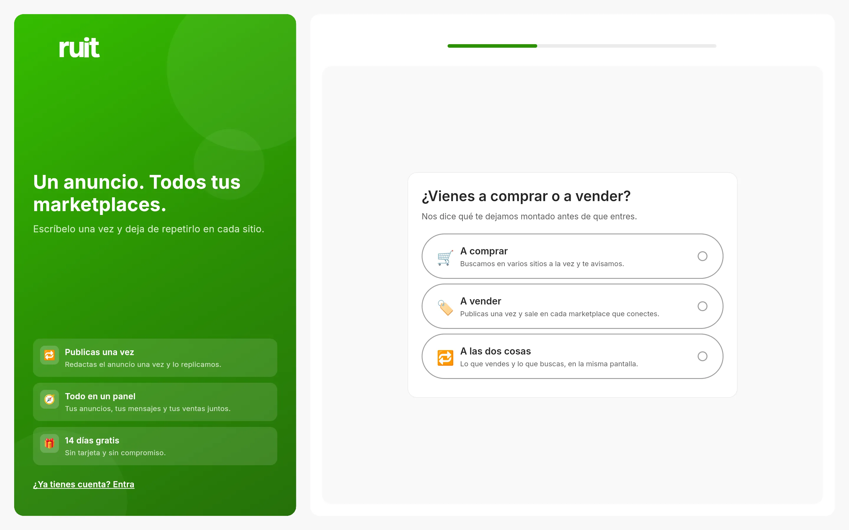 La primera pantalla del alta: el panel verde de RUIT a la izquierda y, a la derecha, la pregunta de si vienes a comprar o a vender, con tres tarjetas para elegir.