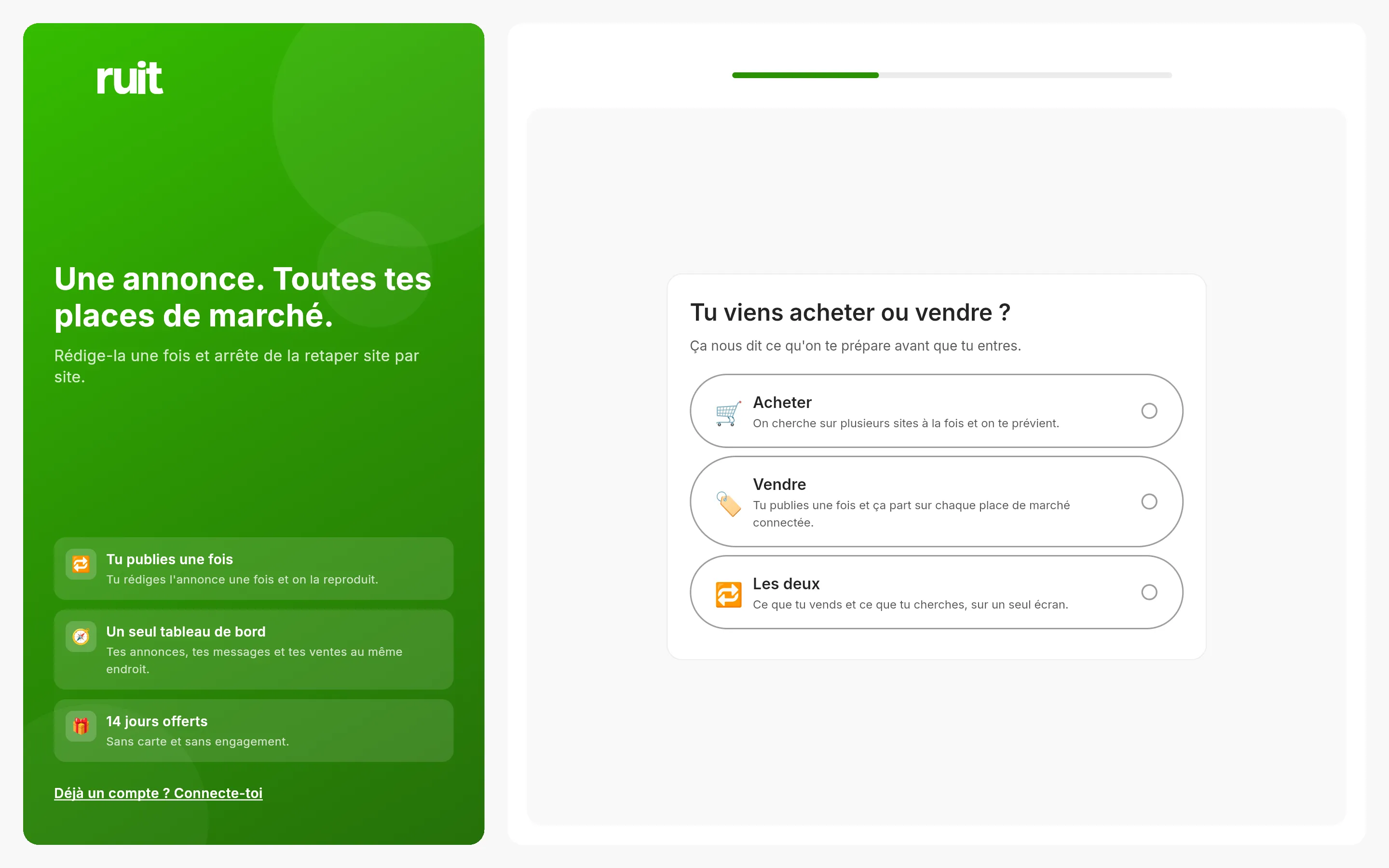 Le premier écran de l'inscription : le panneau vert de RUIT à gauche et, à droite, la question de savoir si vous venez acheter ou vendre, avec trois cartes au choix.
