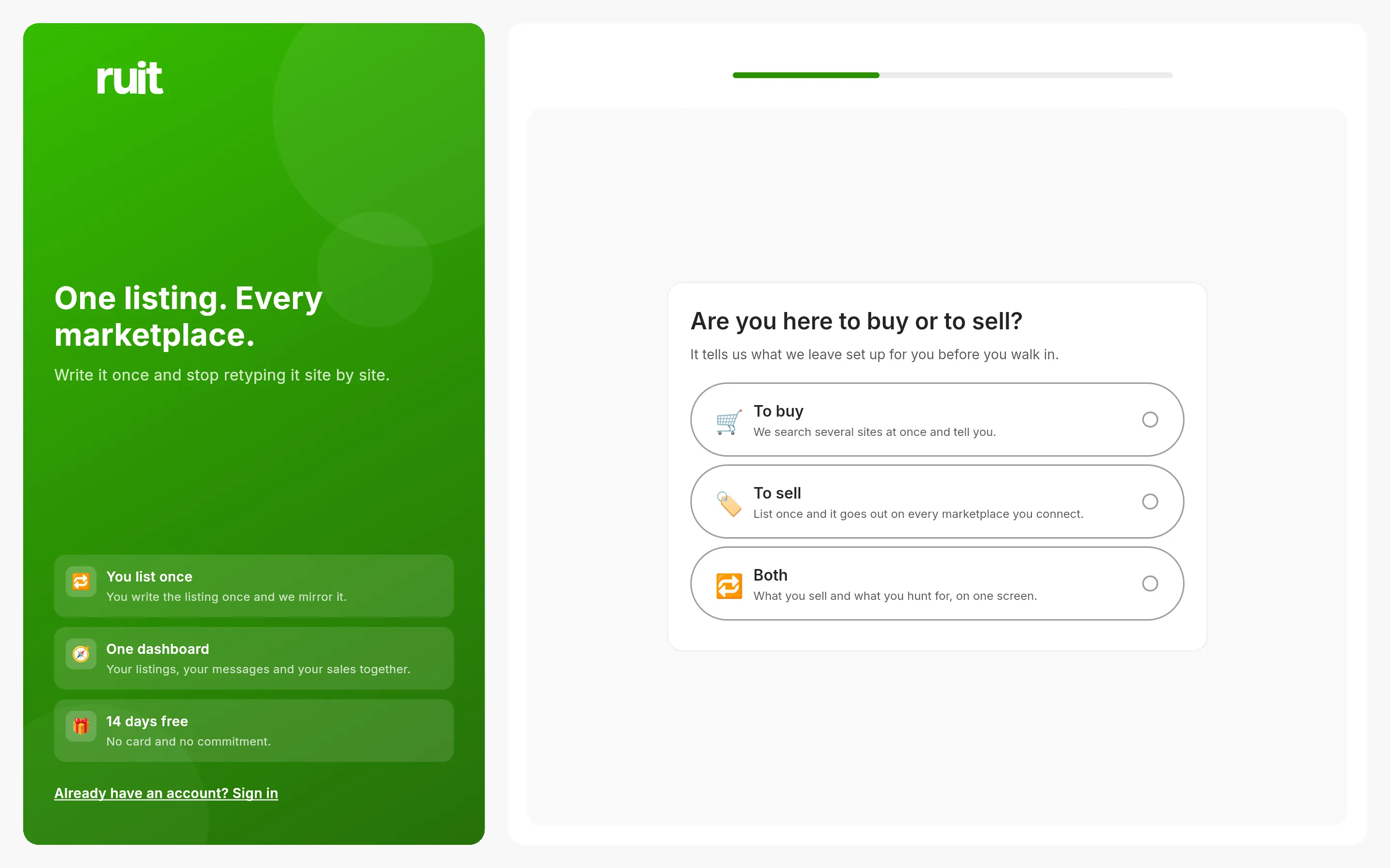 The first screen of the sign-up: the green RUIT panel on the left and, on the right, the question of whether you are here to buy or to sell, with three cards to choose from.