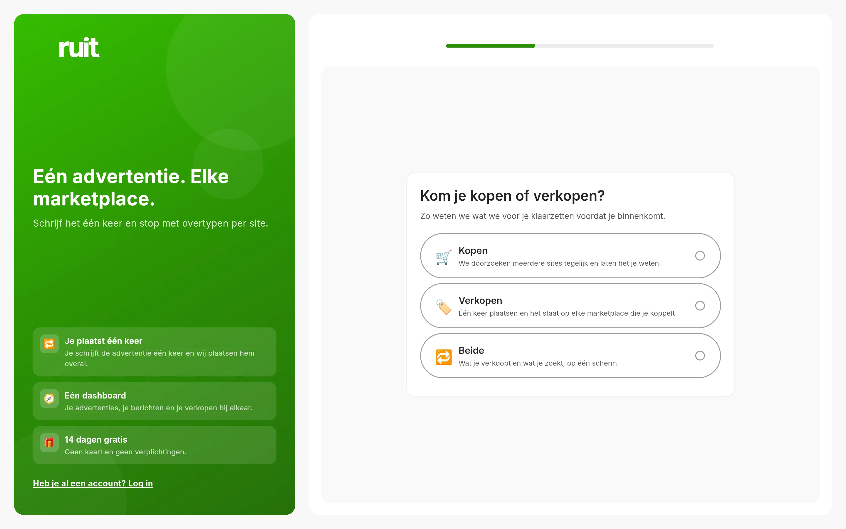Het eerste scherm van de aanmelding: links het groene paneel van RUIT en rechts de vraag of je komt om te kopen of om te verkopen, met drie kaarten om uit te kiezen.
