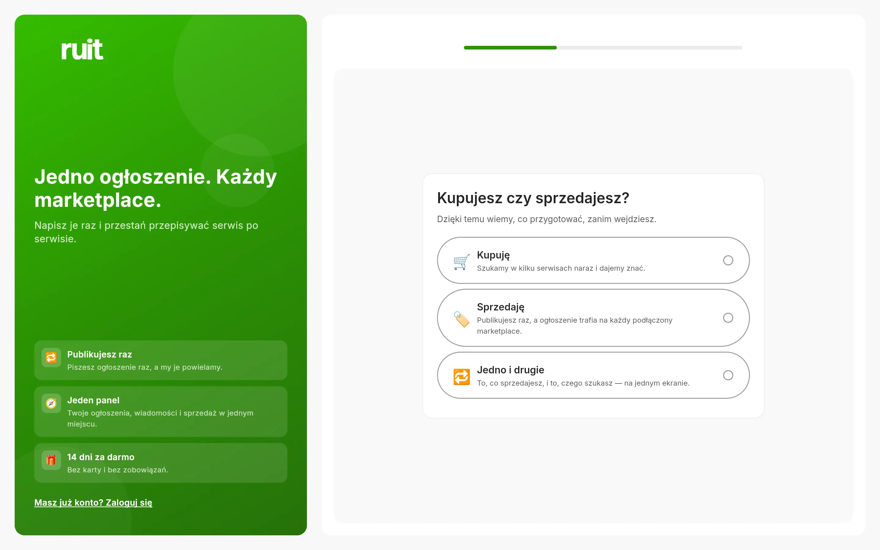 Pierwszy ekran rejestracji: zielony panel RUIT po lewej, a po prawej pytanie, czy przychodzisz kupować, czy sprzedawać, z trzema kartami do wyboru.